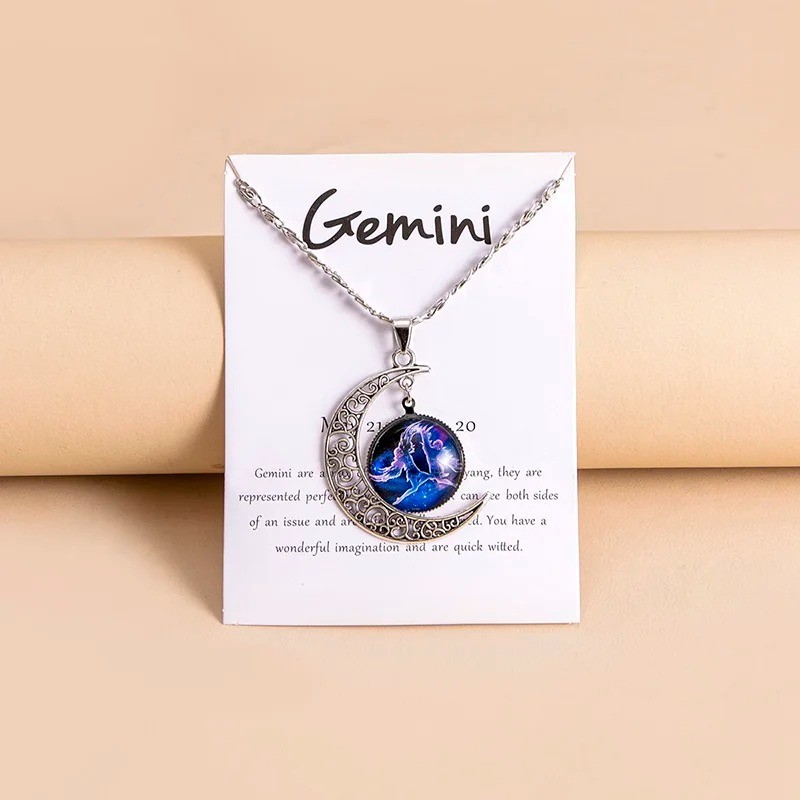 Moon Shaped Zodiac Sign Necklace Horoscope Astrological Pendant with 17″ Chain