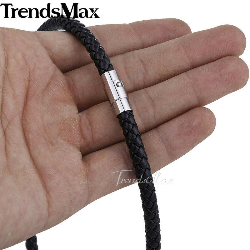 Black Man-made Leather Choker Necklace Stainless Steel Magnetic Jewelry 14-28in