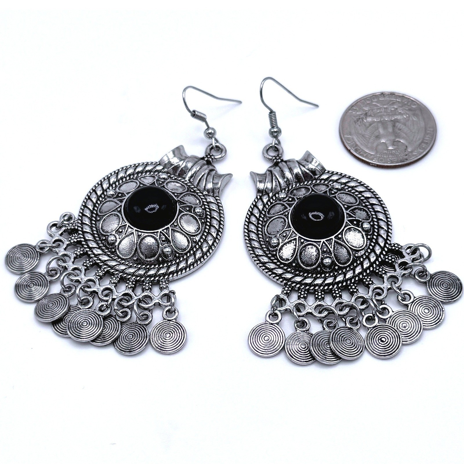 Silver Tone Black Stone Dangle Earrings Gypsy Boho Tribal Chandelier Southwest