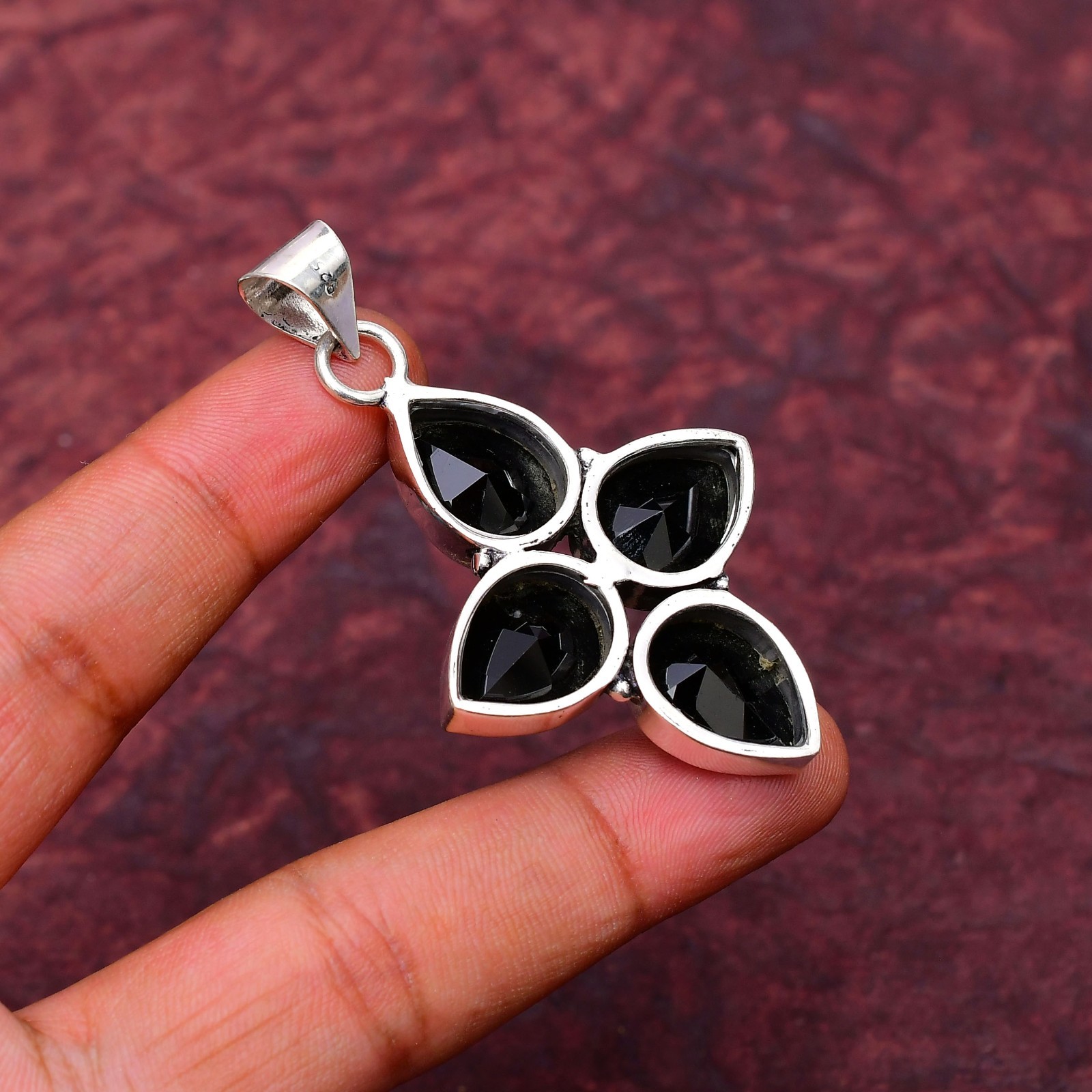 Black Onyx Gemstone 925 sterling silver Handmade Cross Pendant jewelry 2.28″