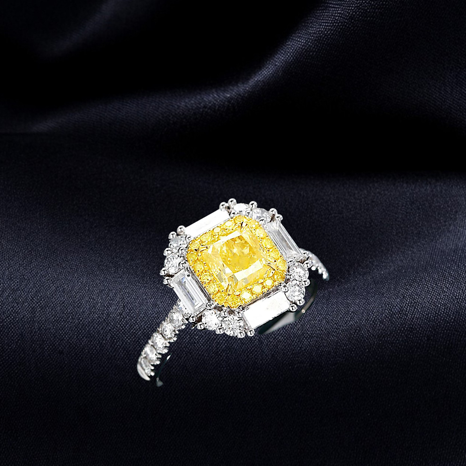 2.35 CT Cushion Lab Grown Fancy Vivid Yellow Diamond Wedding Ring 18K Multi Gold