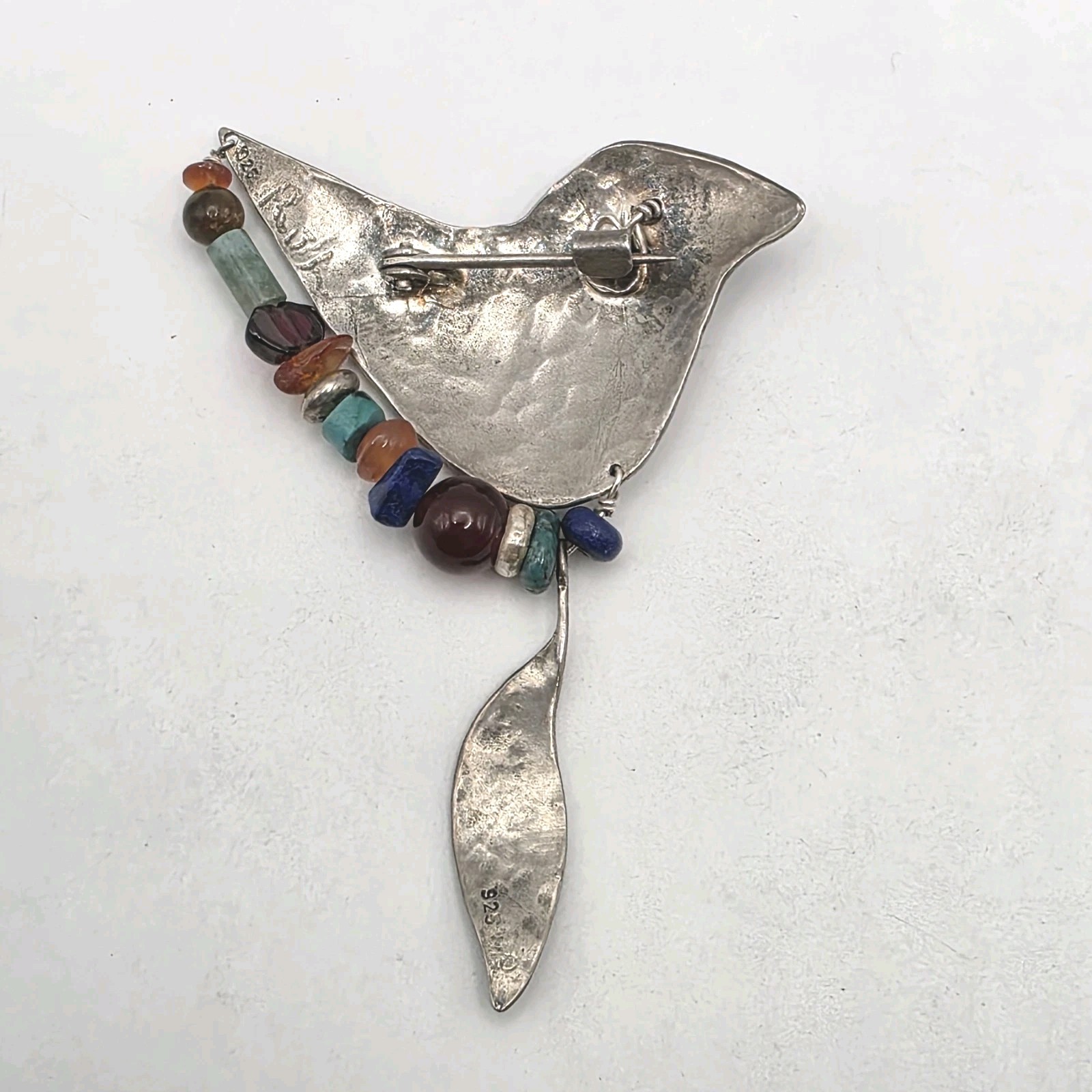Vintage Signed Sterling Silver Bird Shaped Brooch Turquoise and other Gemstones