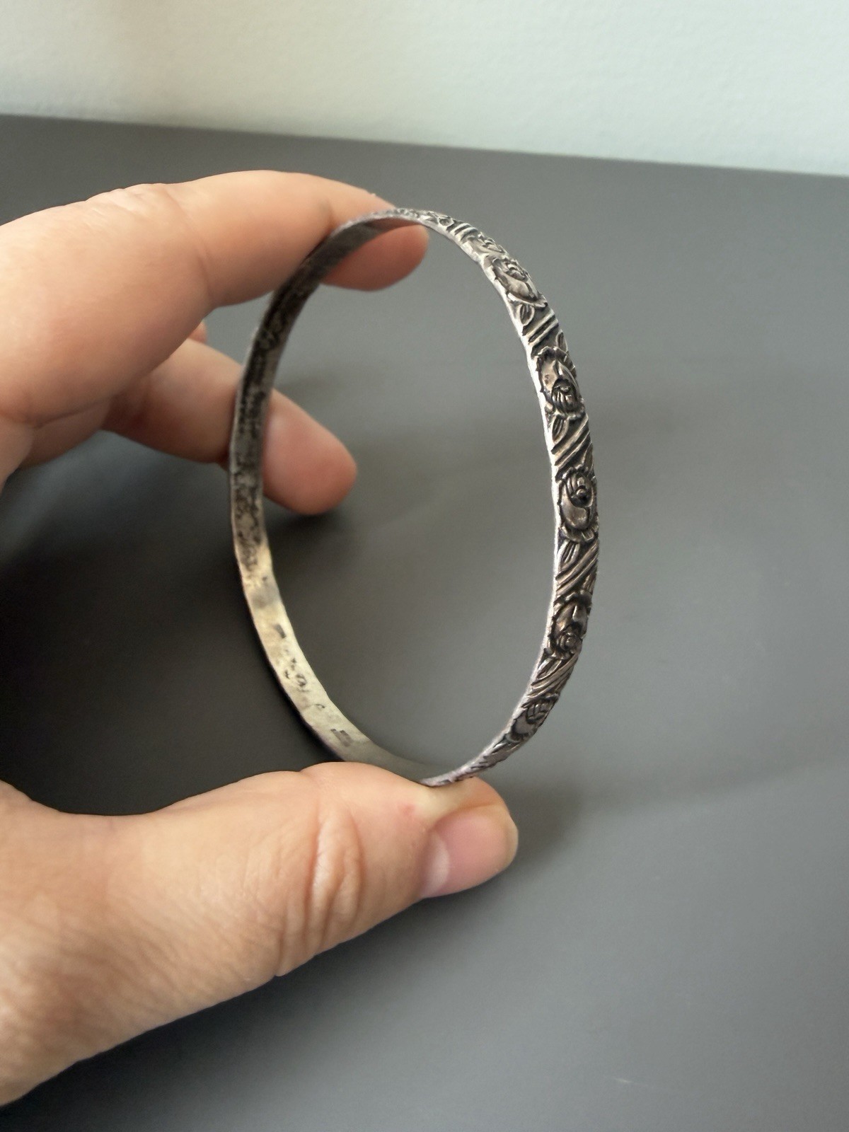 BEAU 925 Sterling Silver Engraved Floral Bangle Bracelet Signed No Stone