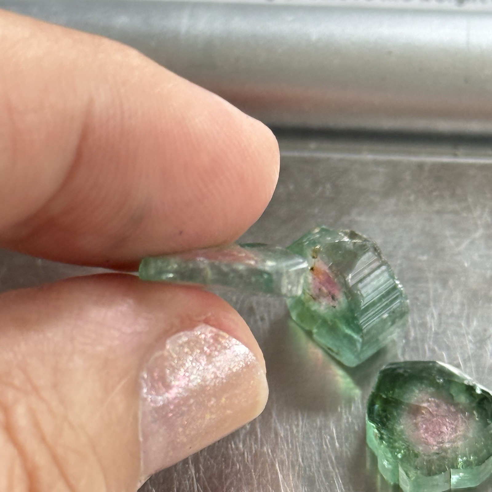 14ct 11-12×2.8-4.7mm 3pc Lot Pink Green Watermelon Tourmaline Slices Cabochons