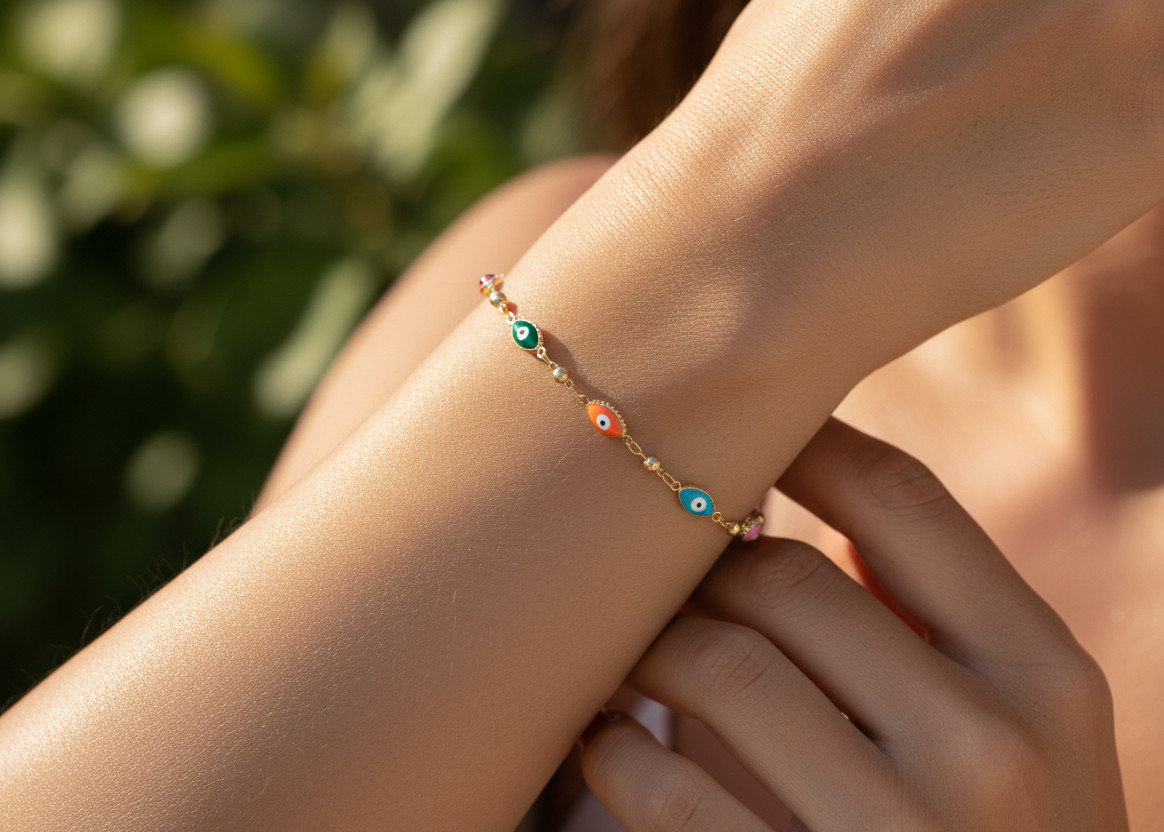 Dainty Evil Eye Station Bracelet | 18K Gold Plated Brass with Colorful Enamel