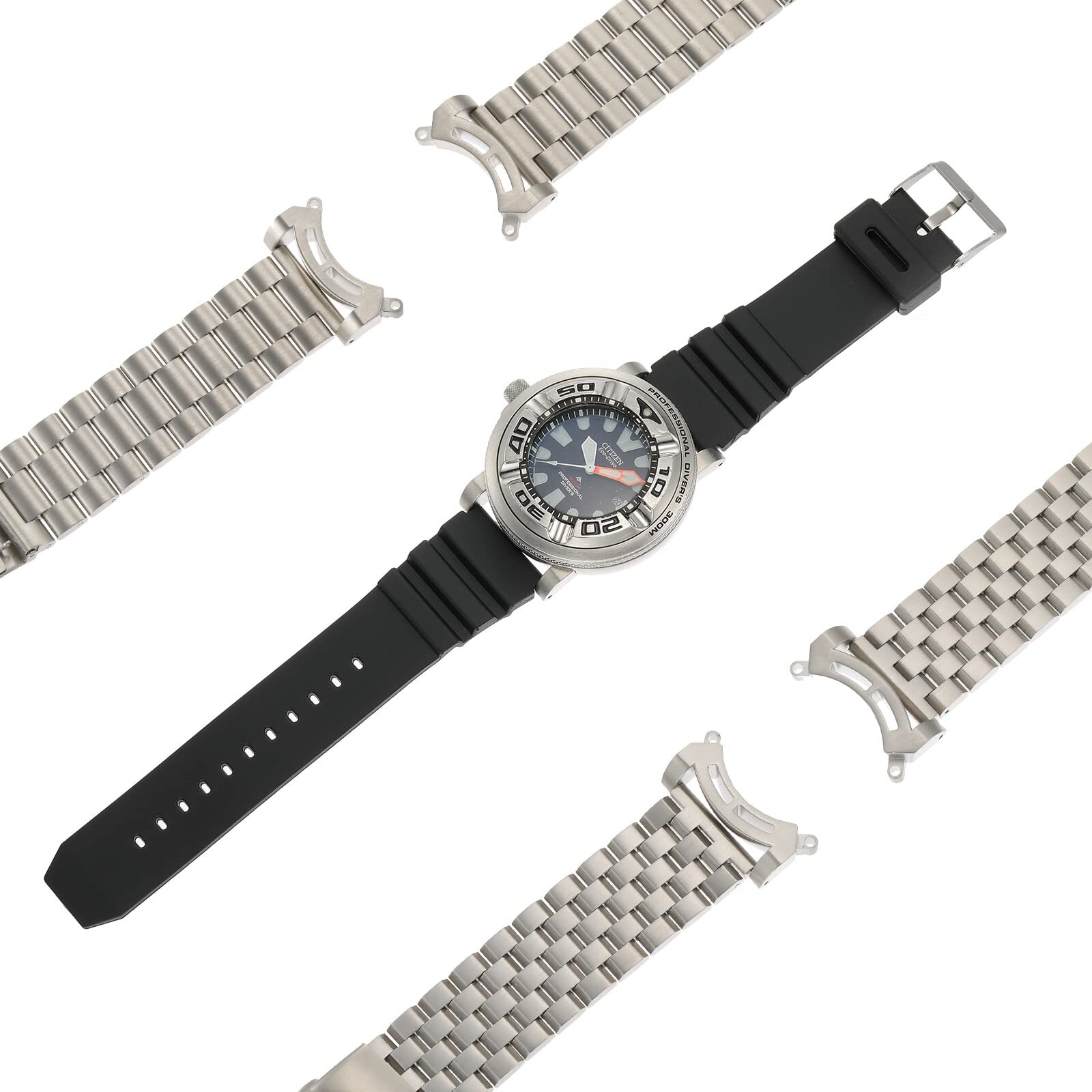 SOLID WATCH BAND+2 SILVER BRUSHED ADAPTER FIT CITIZEN BJ8050 ECOZILLA ECO-ZILL