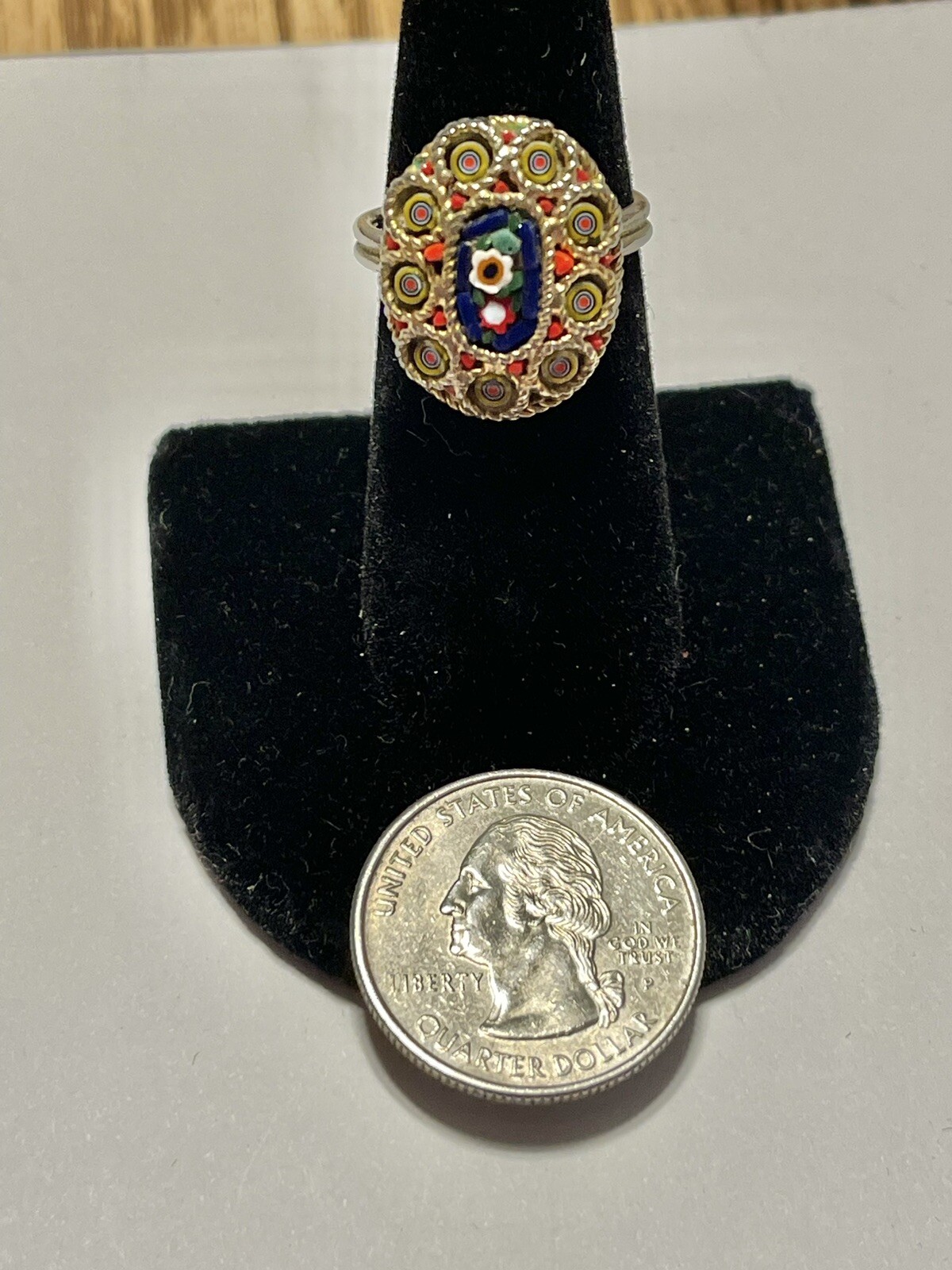 Vintage Pieter Dura Micro Mosaic Oval Goldtone Ring Italy Size 5 Adjustable