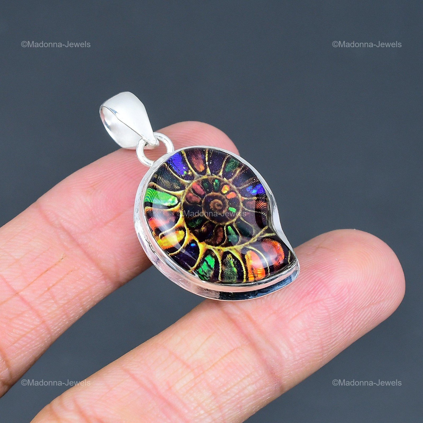 Halloween Sale 925 Sterling Silver Natural Multi Shade Ammonite Fossil Pendant