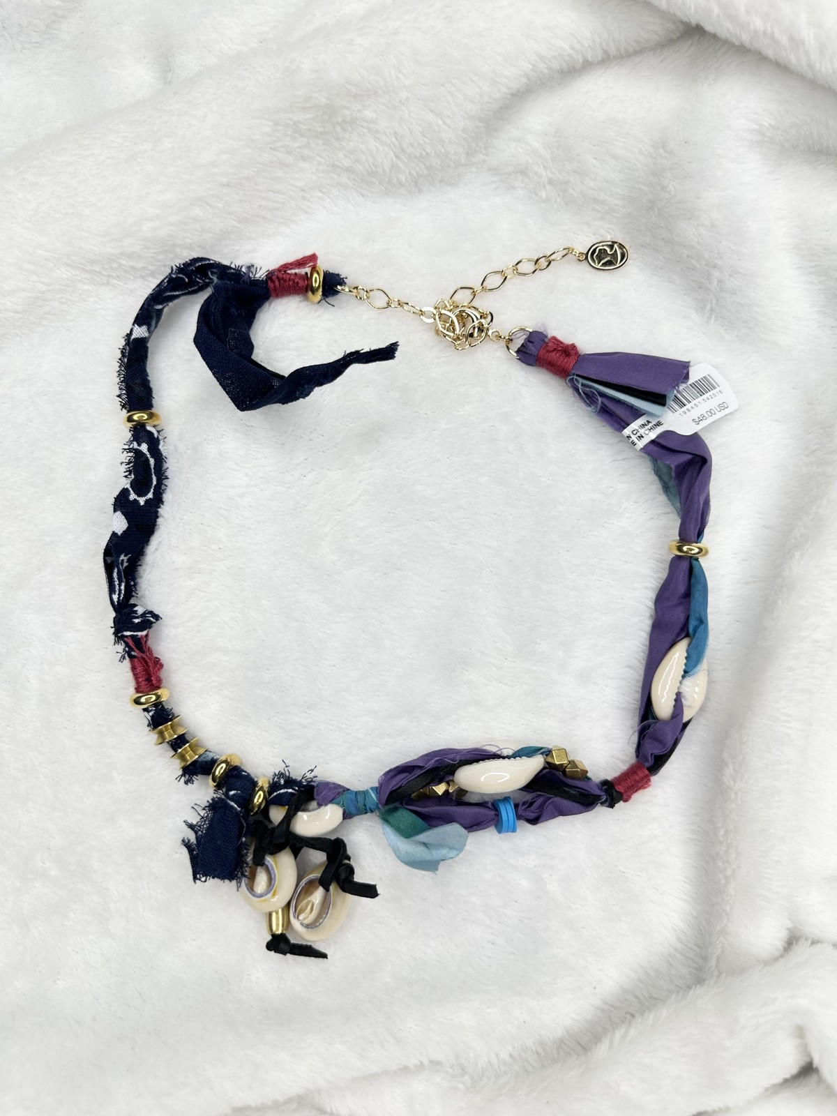 NEW Free People Boho Cowrie Shell Fabric Mixed Media Necklace Gold Adjustable