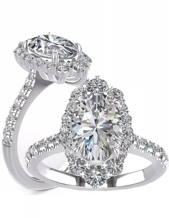 3.ct Oval Cut Moissanite Halo Engagement Ring Sterling 18K White Gold Plated Mar