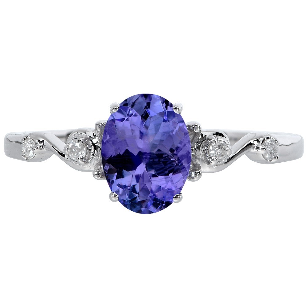 14k Solid White Gold Oval Natural Tanzanite & Diamond Swirl Shank Ring