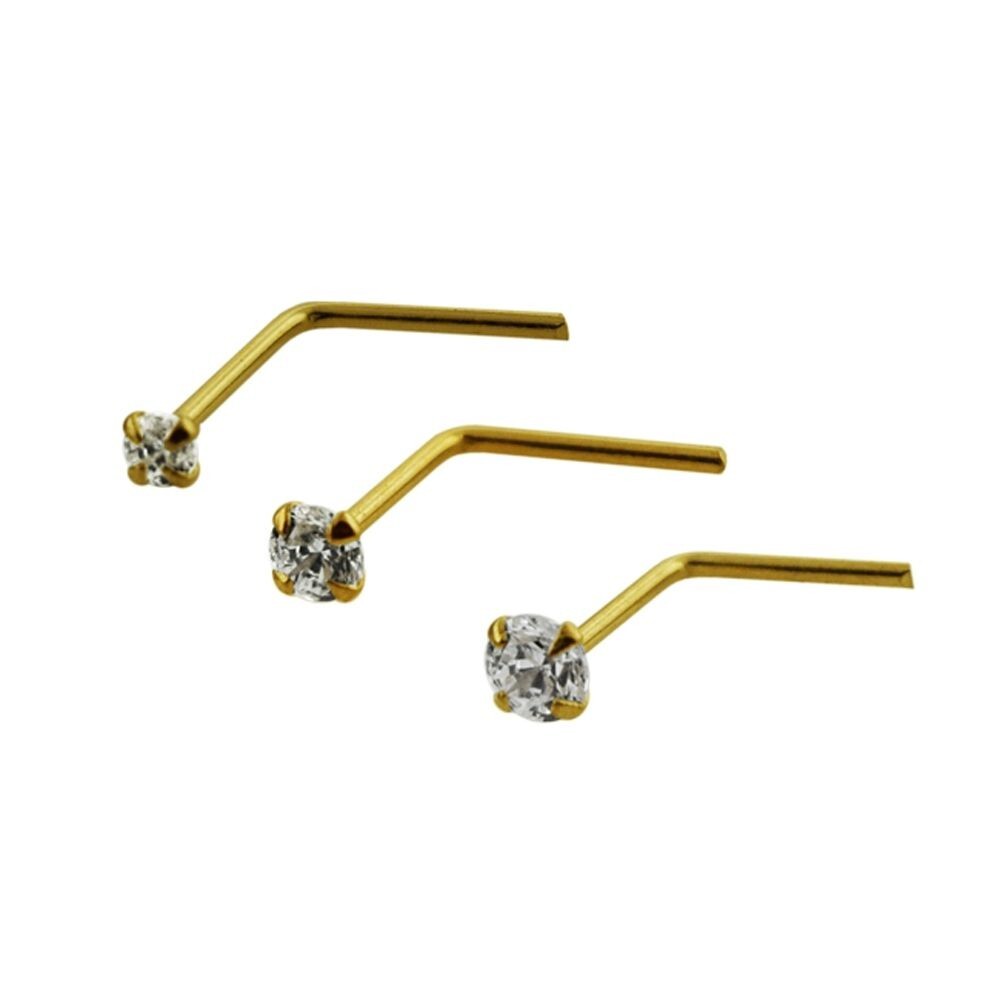 1x 22g 9K Solid Yellow Gold 2mm CZ Gem L-Shaped Nose Ring Stud Pin Bar 9KNS008