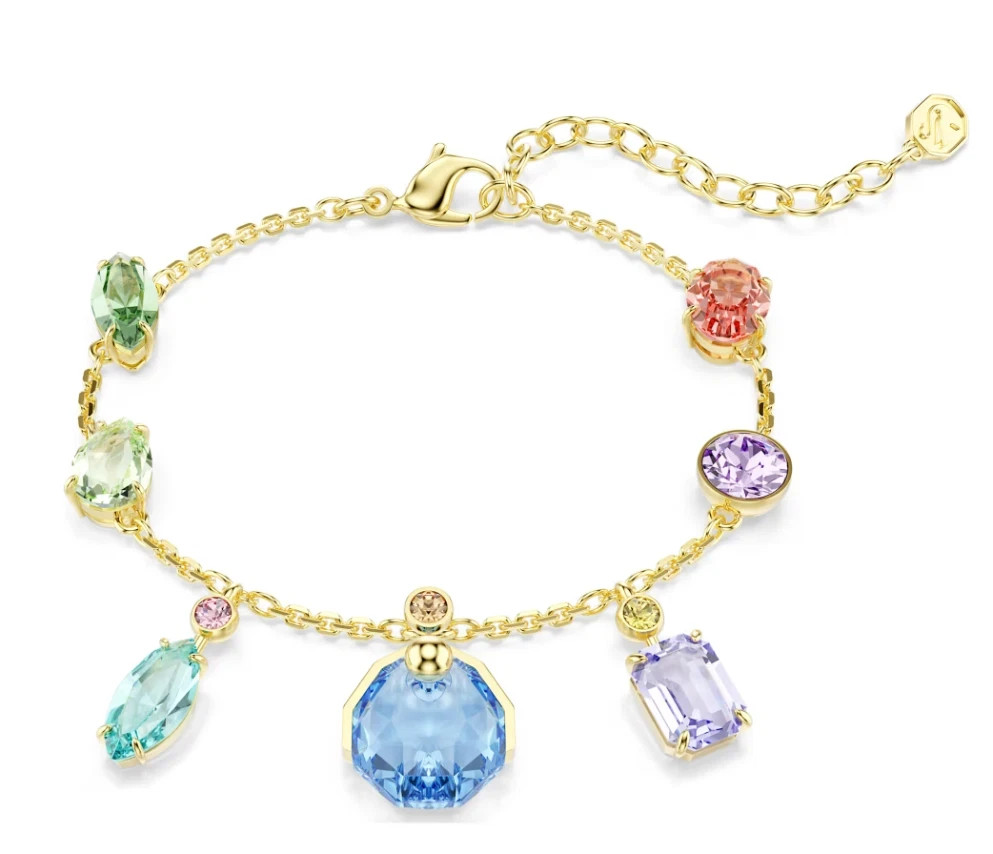 Gema bracelet Mixed cuts, Dangling crystals, Multicolored, Gold-tone plated
