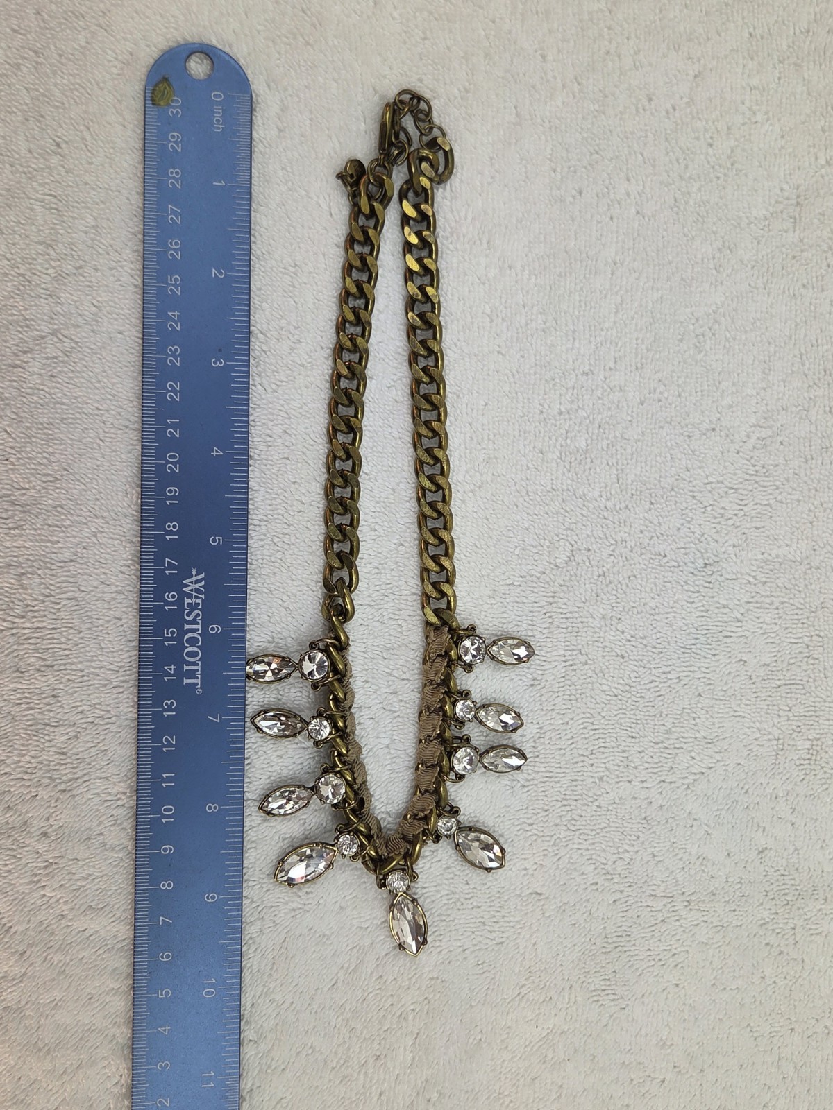 Ann Taylor Loft Rhinestone Necklace Bronze Finish Beige Ribbon 20”
