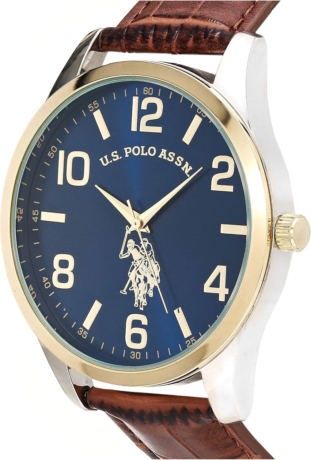 U.S. Polo Assn. Men’s Quartz Dress Watch – Blue Dial, Gold Bezel, Brown Strap