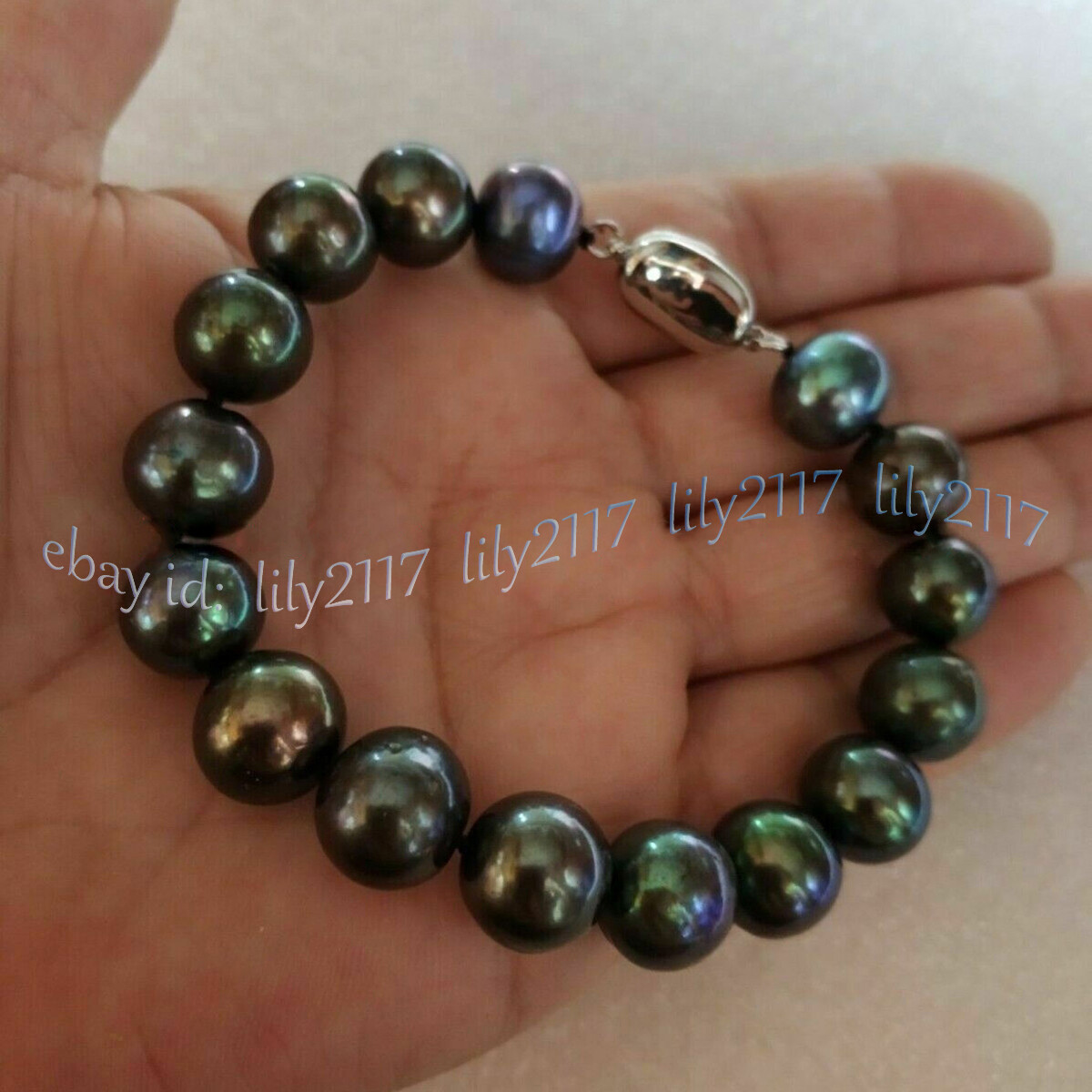 11-12mm Genuine Natural Tahitian Black Green Pearl Bracelet 7.5 inch 925 Silver