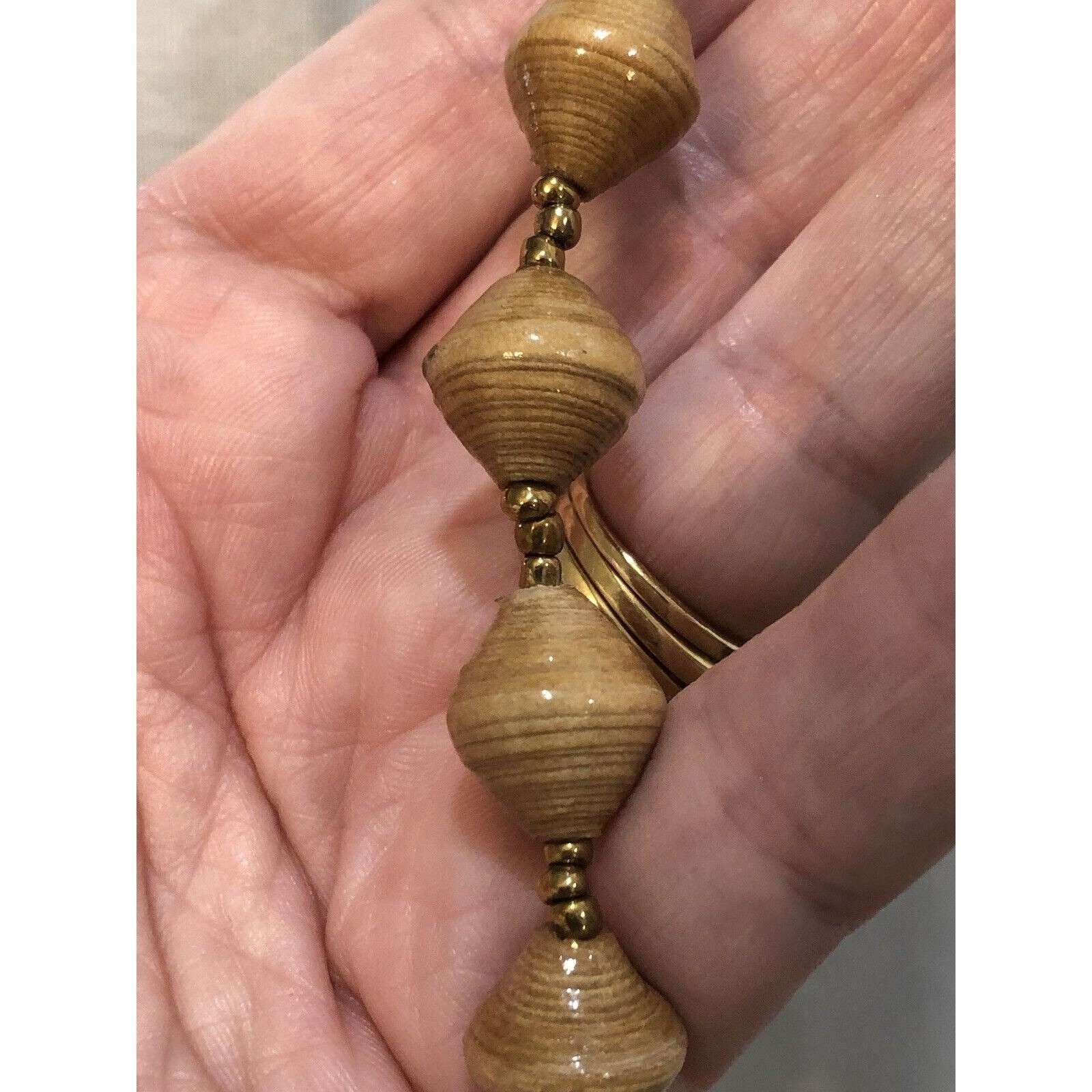 Tan Paper Bead Long Necklace Boho Wood Grain Style Gold Spacers 39 Inch