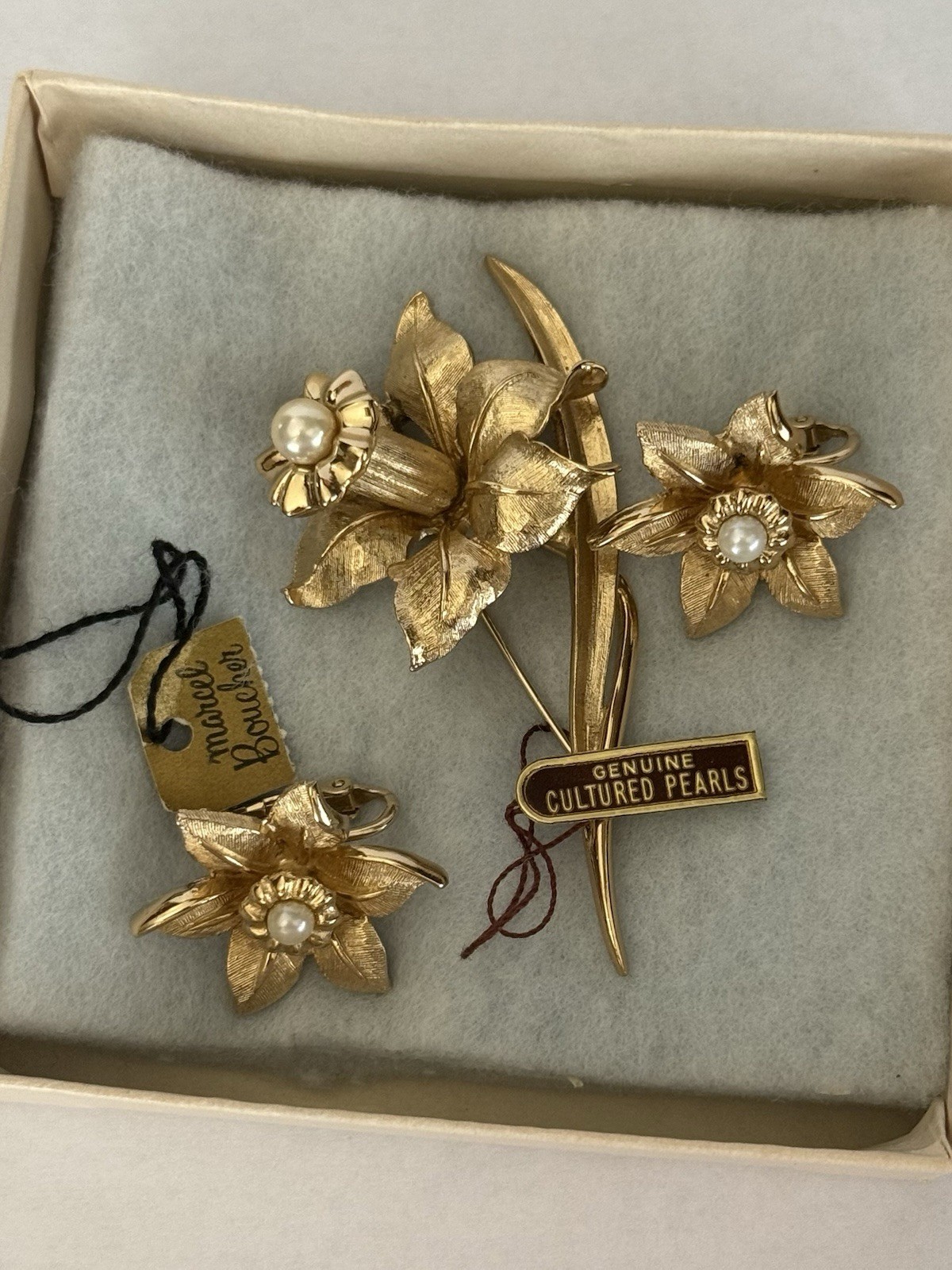 Vintage 1964 Marcel Boucher Jonquil Daffodil Brooch Earring Set Box Tags 8692