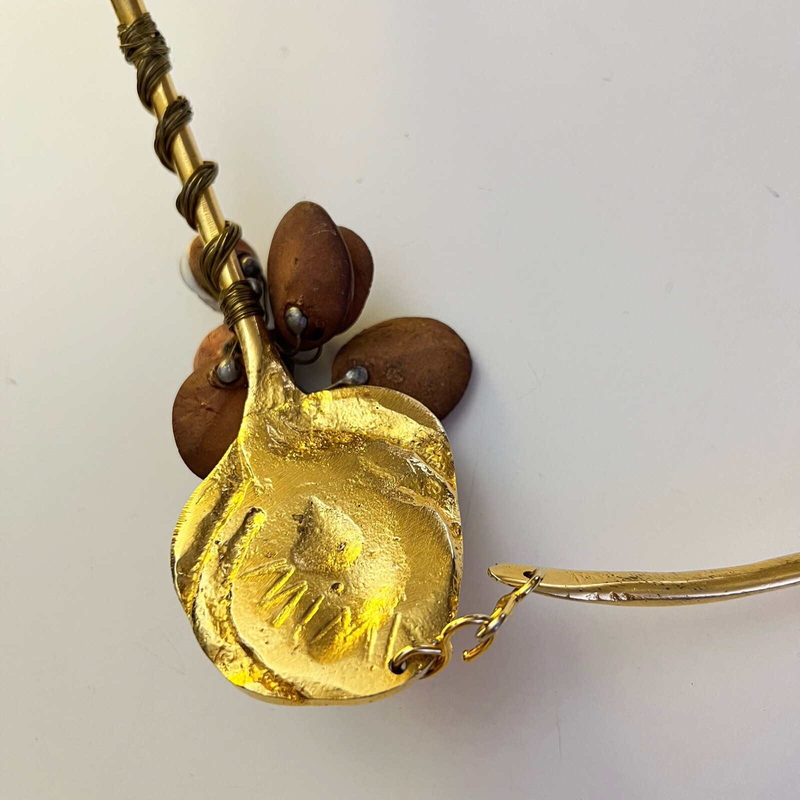 Necklace Designer Mimi Choker 10” Signed Cast Brass Floral Center Vintage