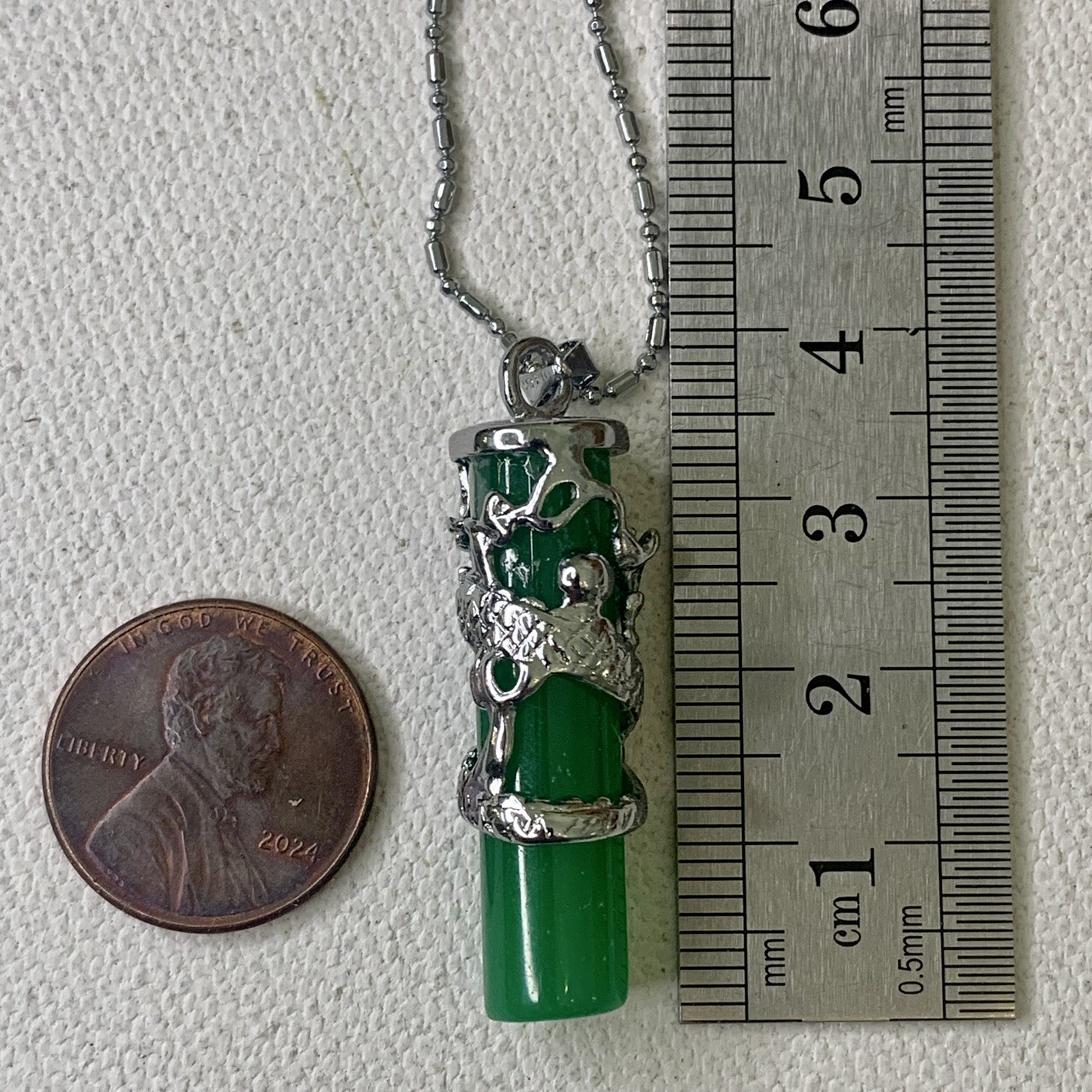Dragon Coil Green Jade Pillar Men Women Column Pendant Chain Necklace 18KWGP 16″