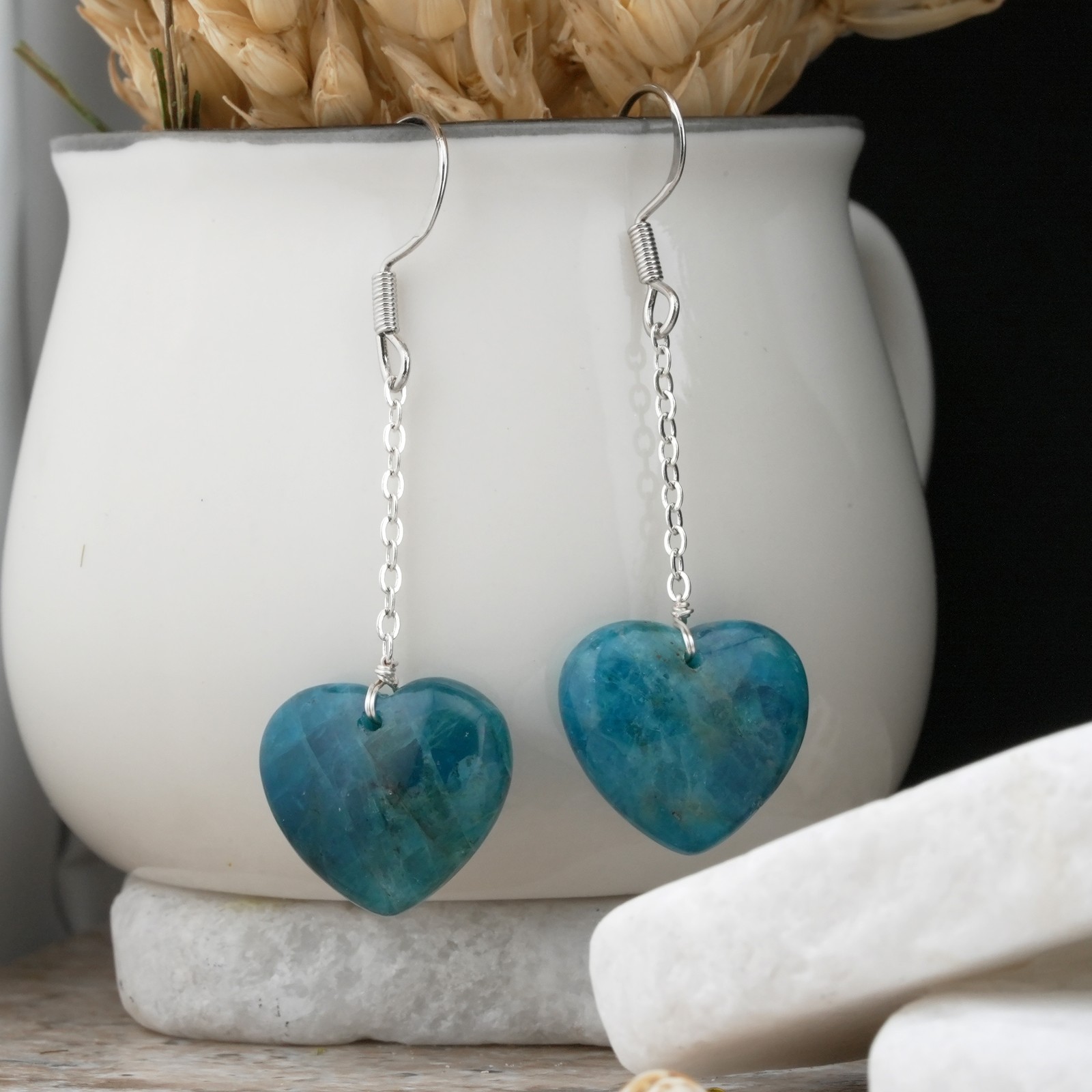 Blue Apatite 925 Silver Puffy Heart Drop Earrings Natural Crystal Jewelry Gift