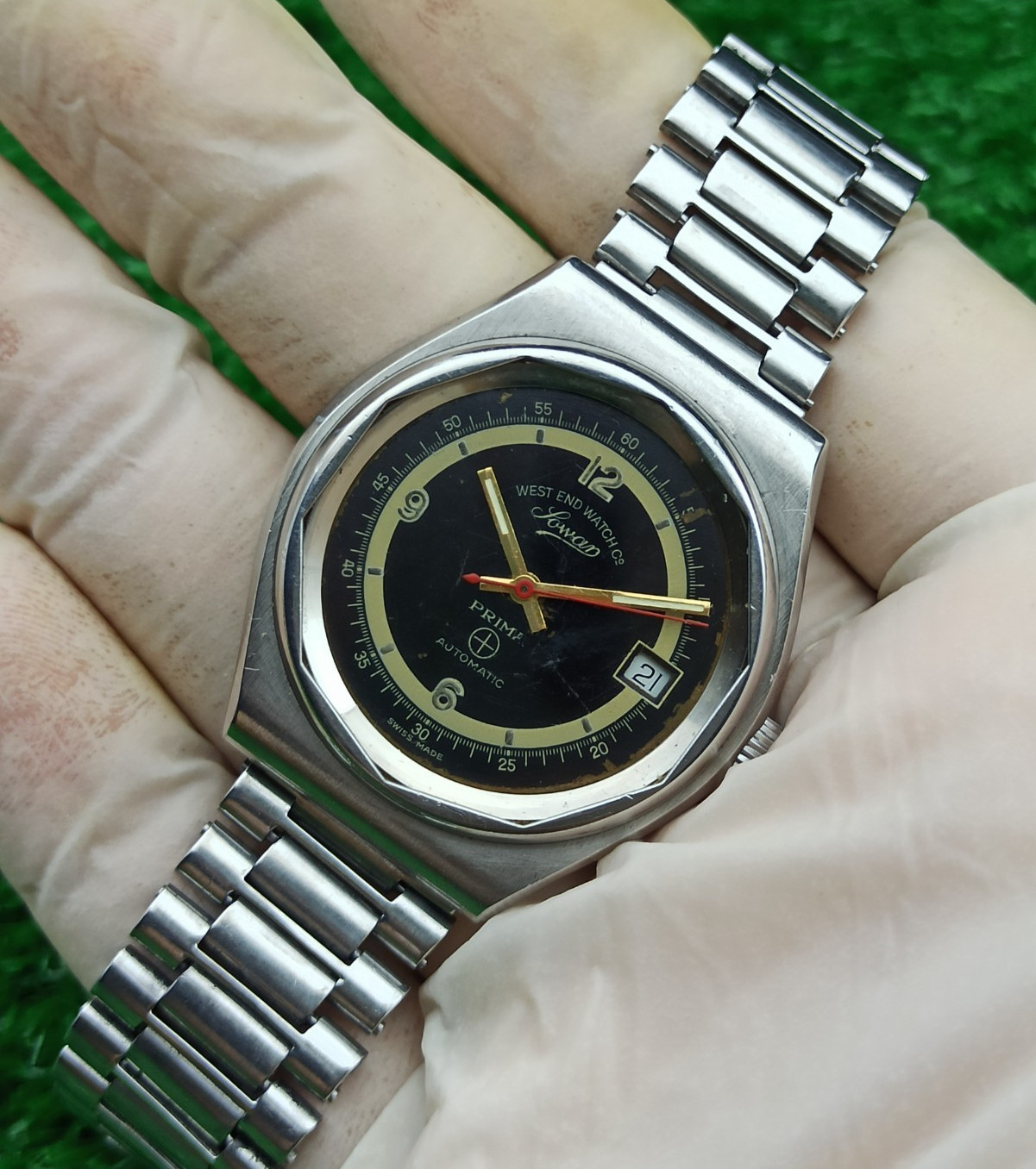 Vintage West End Watch Co Sowar Prima Automatic Swiss Mens Black Dial Watch
