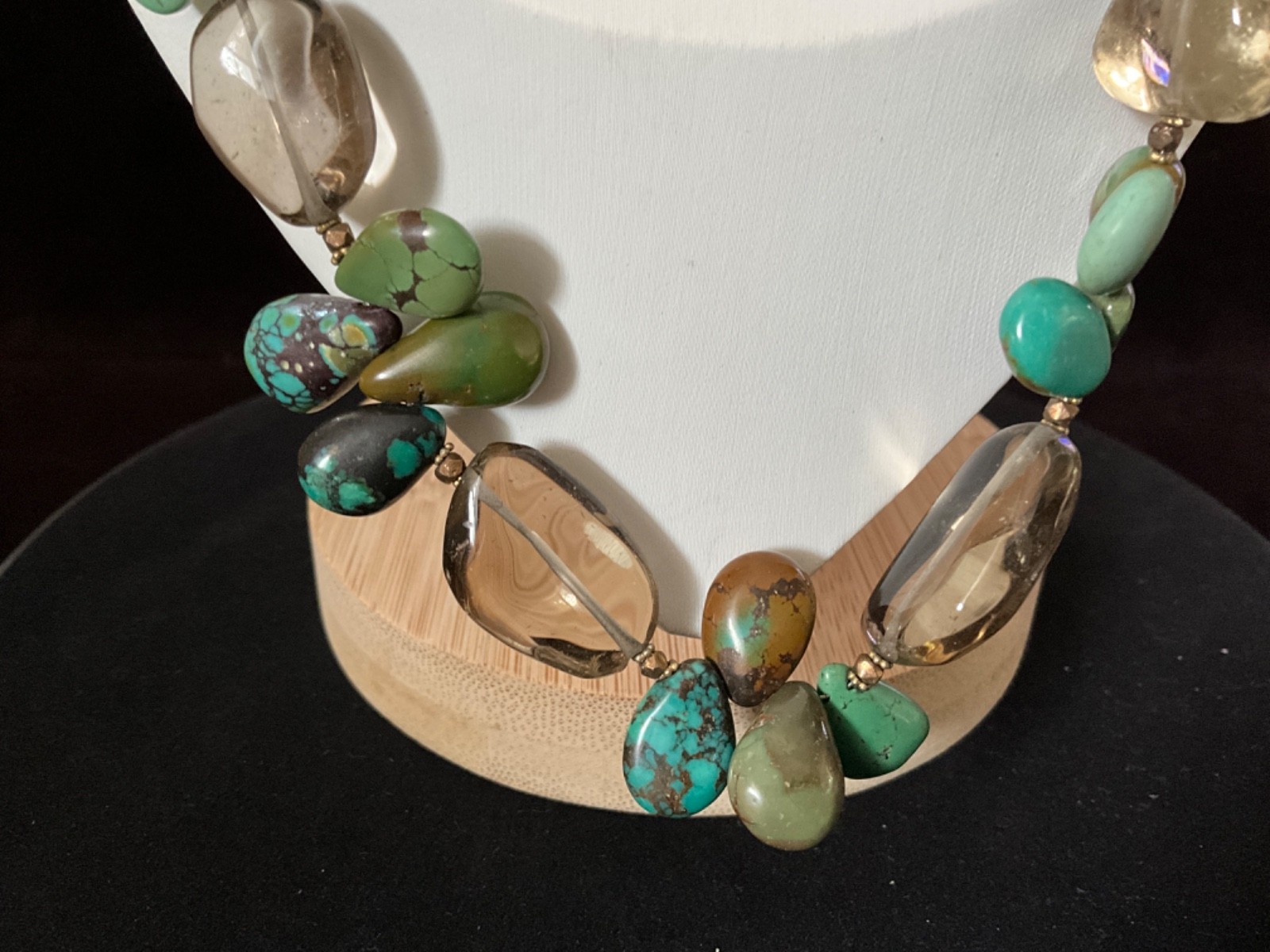 Chunky Green Blue Brown Turquoise Necklace 20″ & Smokey Spinel