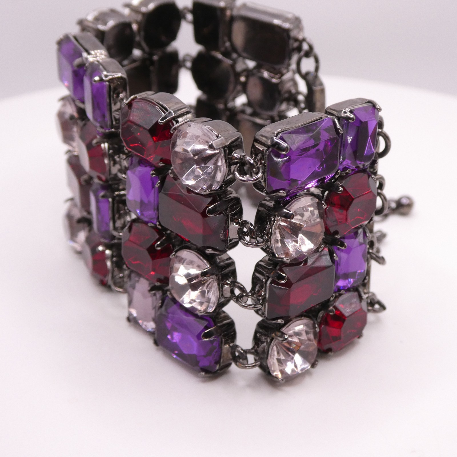 Vintage Purple Acrylic Rhinestone Adjustable 7-9″ Gunmetal Tone Wide Bracelet