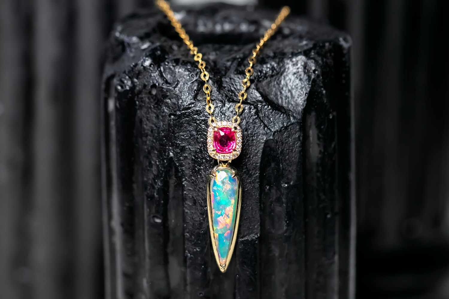 Pink Spinel & Australian Solid Opal Diamond Necklace in 14K Gold