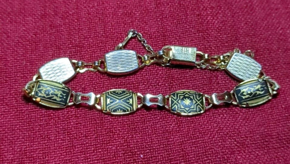 Vintage Midas “ia” Damascene Link Bracelet Black Gold Geometric Toledo Spain 7″