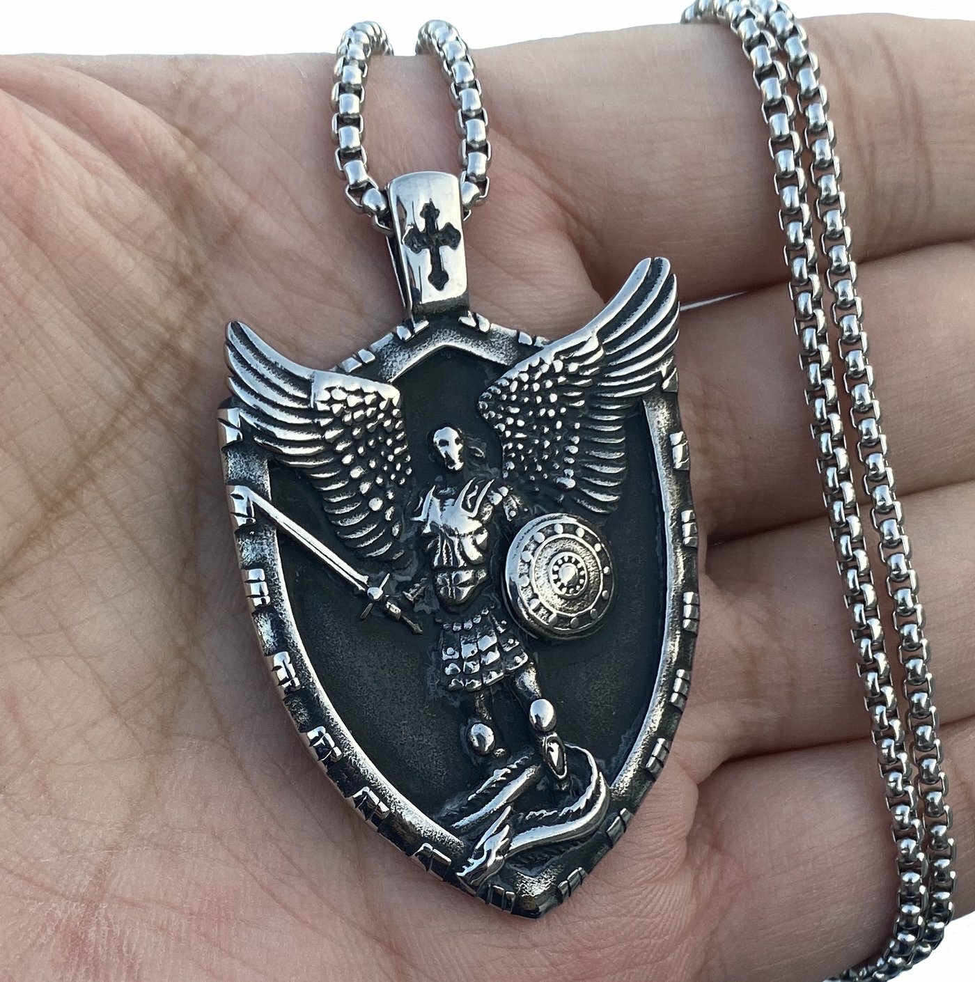 MENDEL Mens Christian Shield Cross Archangel Angel Michael Pendant Necklace Men