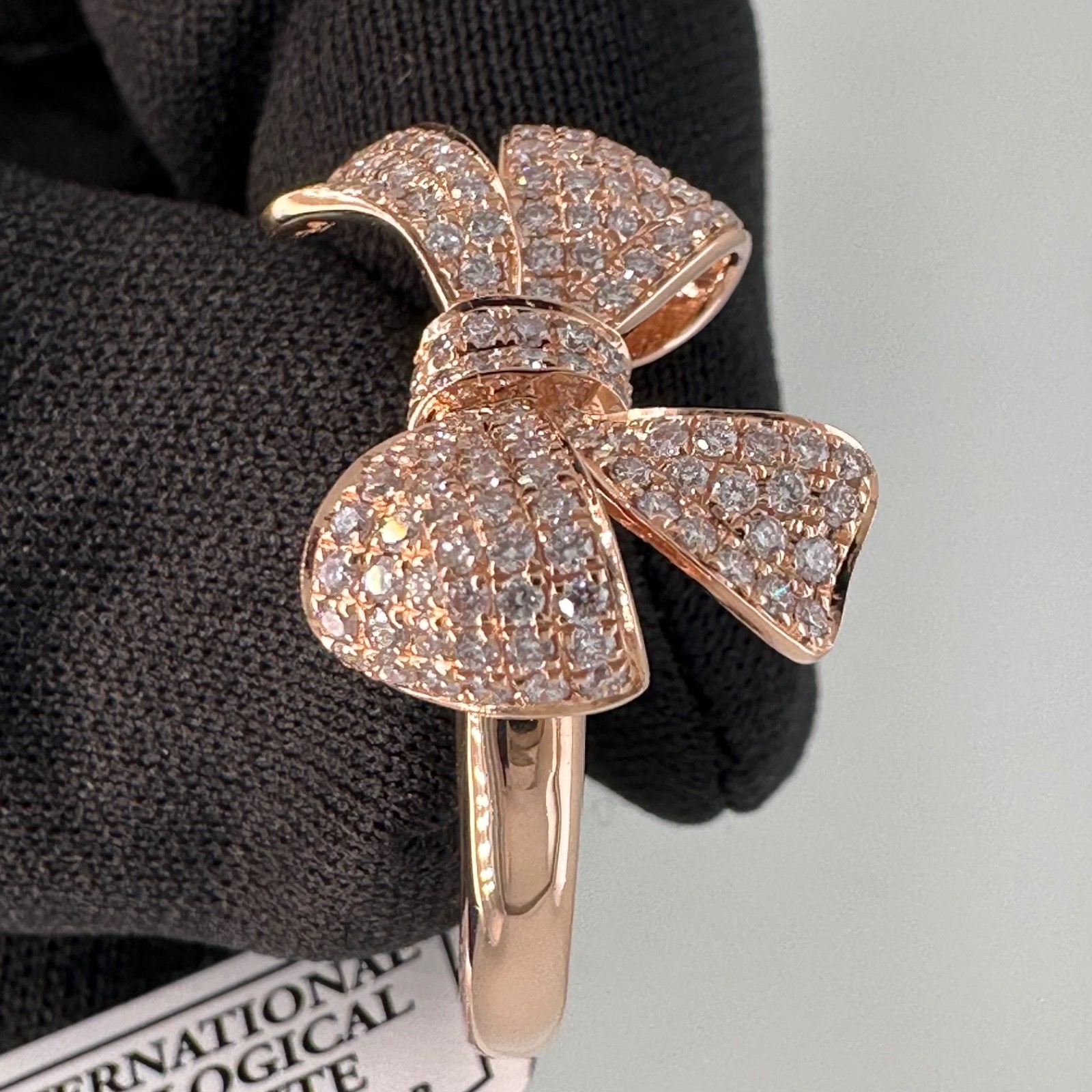 1.00 est tcw Natural Diamond & 14k Pink Gold Bow Ring IGI Report 30J4635926