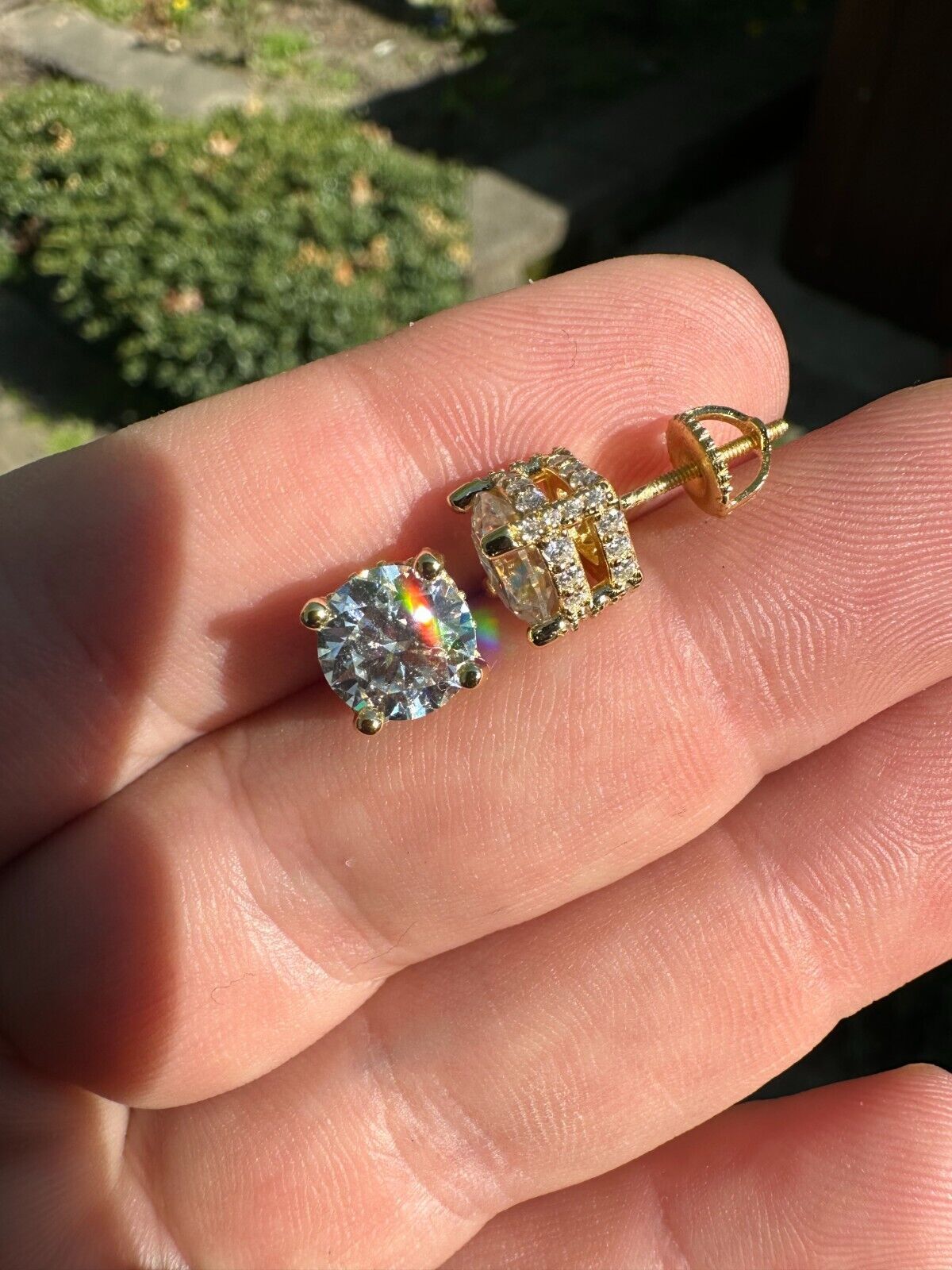 Moissanite 3D Iced Solitaire Screwback Stud Earrings Real 14k Gold Plated Silver