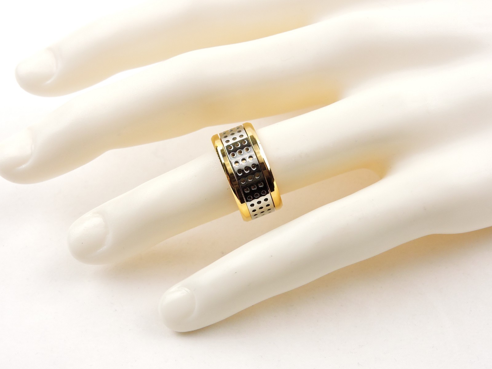 Stainless Steel 2 Tone Silver & Gold IP Textured Wide Band Spinner Ring
