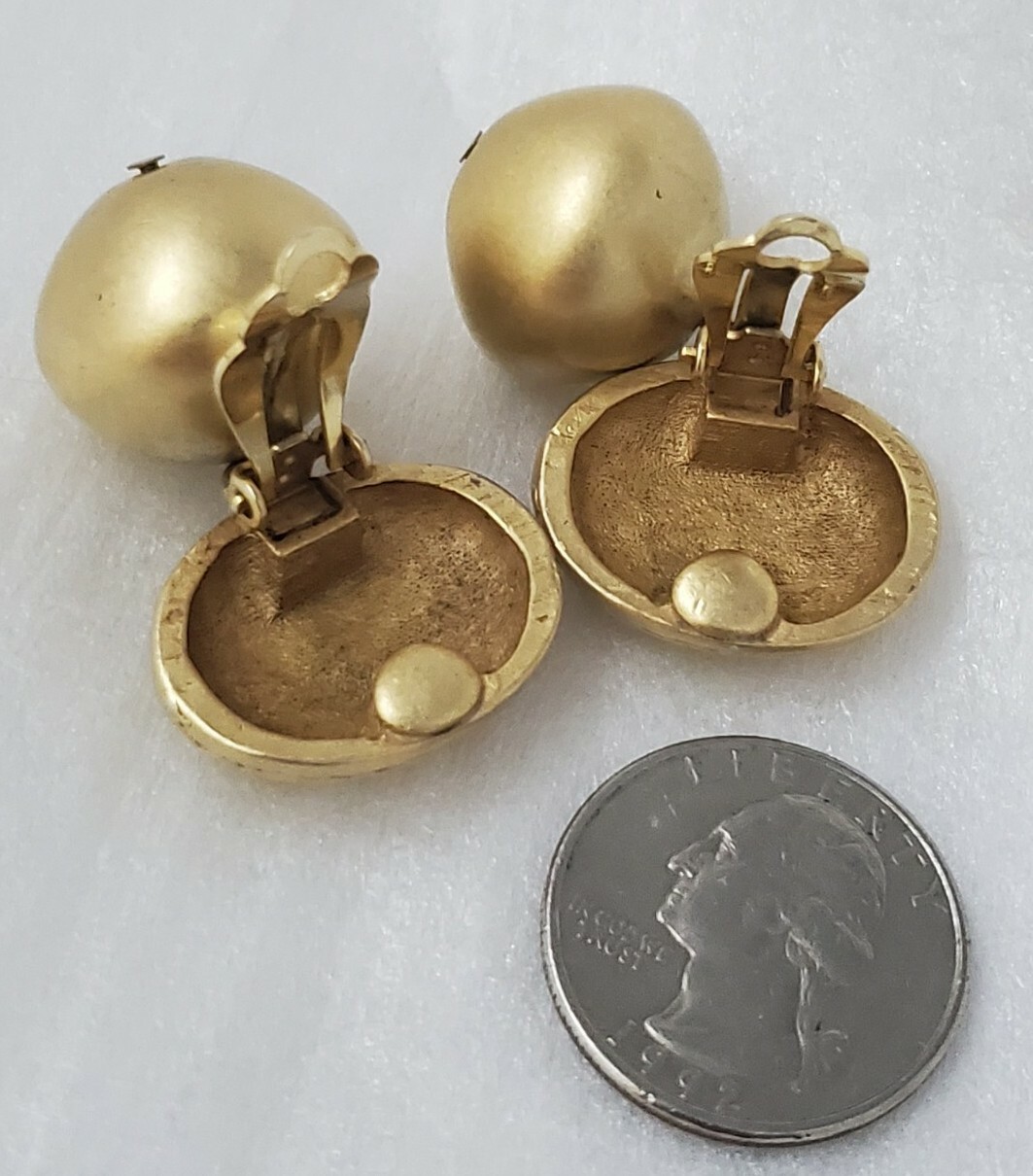 Vintage Donna Karan DKNY Signed Brush Matte Gold Tone Dangle Ball Clip Earrings