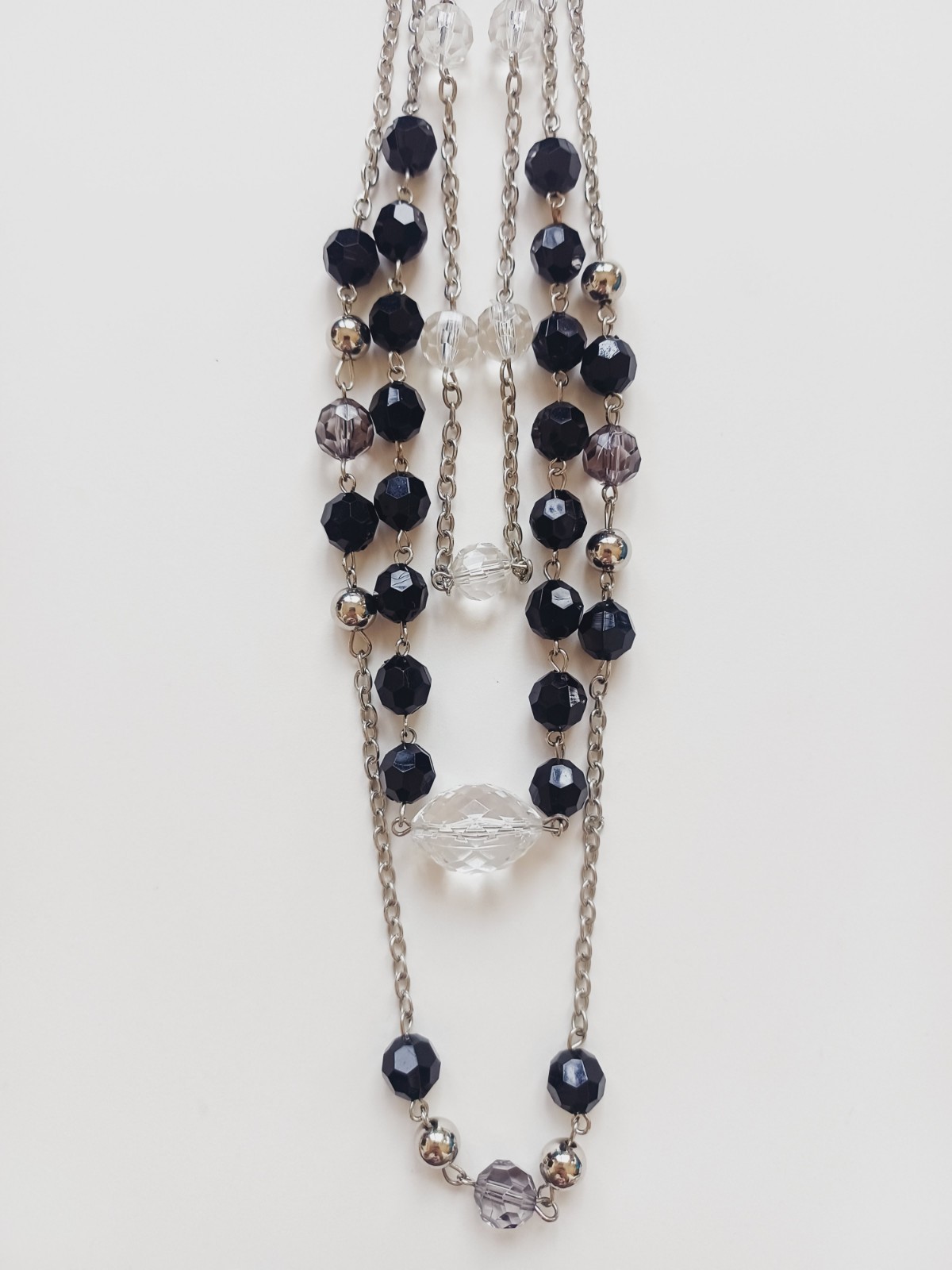 Black & Clear Faceted Station Bead Triple Layer Necklace