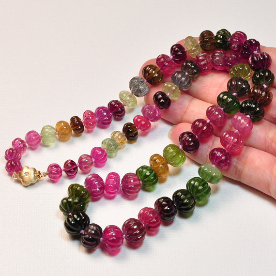 7.2mm-11.6mm Fine Tourmaline Carved Melon Bead Necklace 14K Diamond clasp