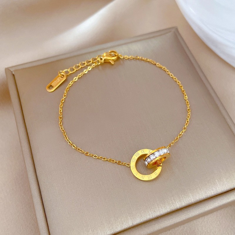 316L Stainless Steel Roman Numeral CZ Round Charm Anklet for Women Jewelry