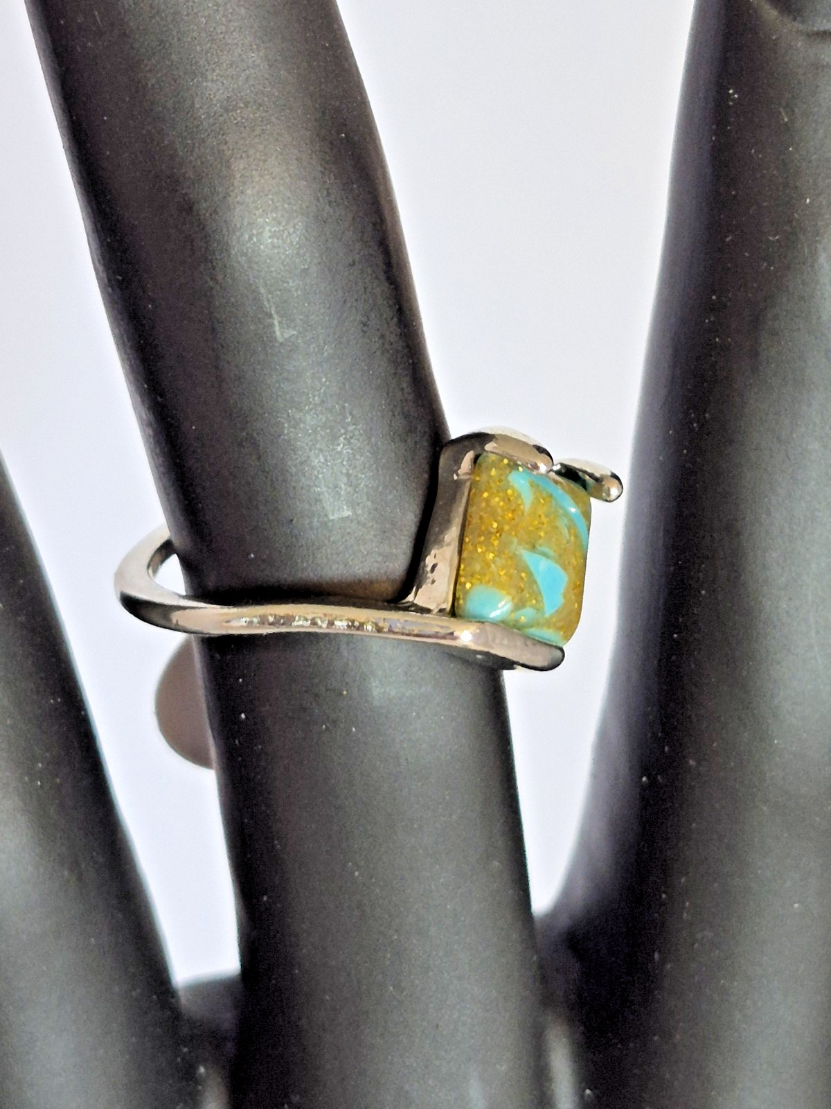 Silver-Toned Ring W/ Turquoise and Gold Looking Square Stone Size 8.5
