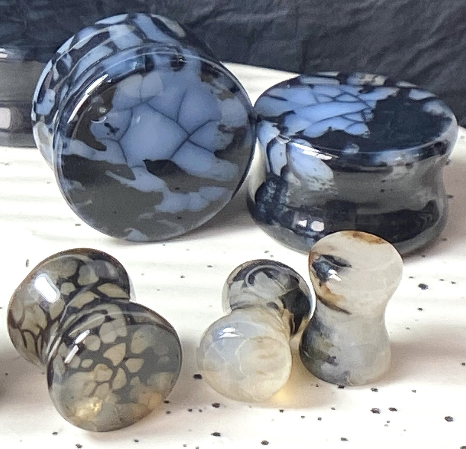 PAIR Black Dragons Vein Agate Stone Double Flare Plugs Organic Earlets Gauges