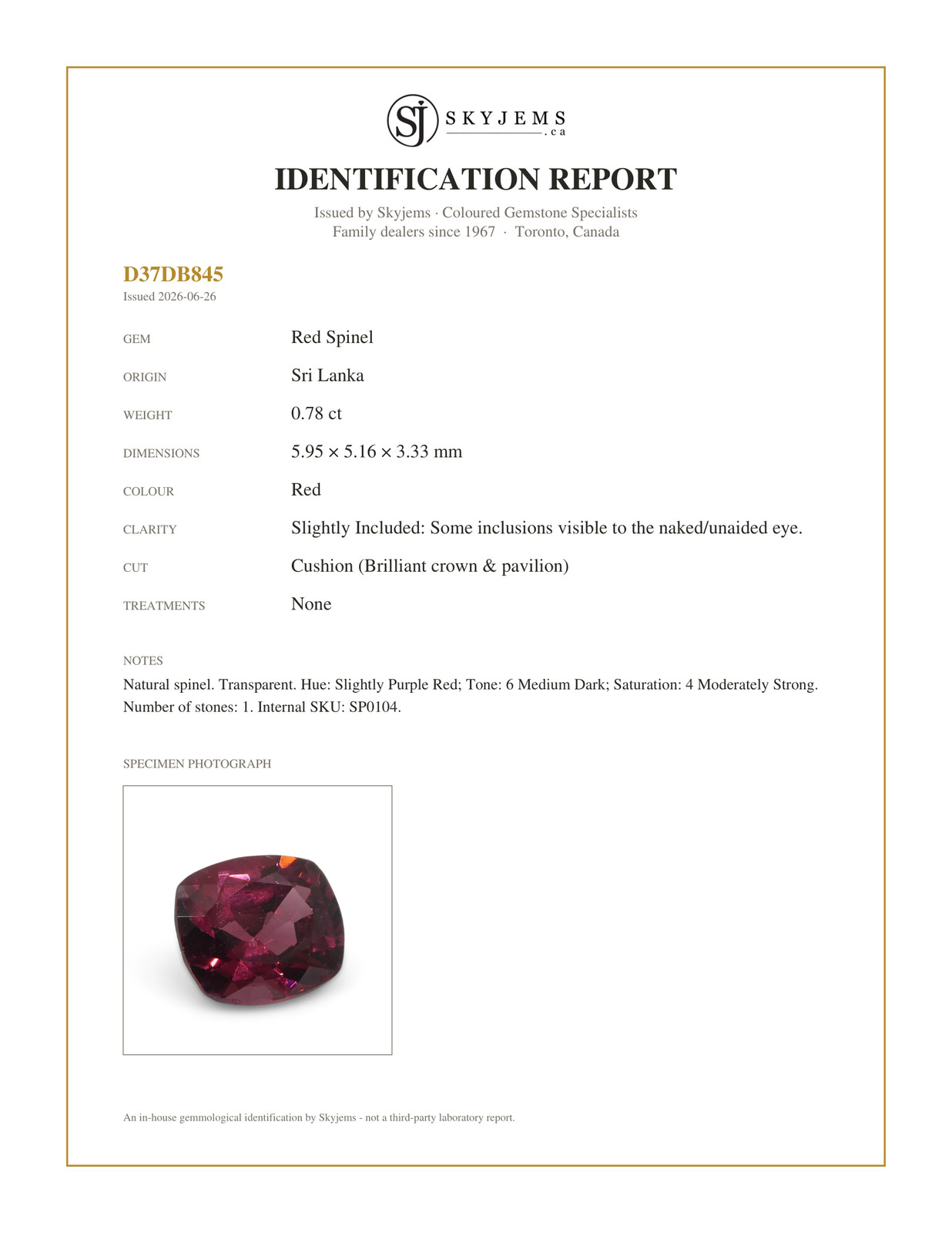 0.78ct Cushion Red Spinel from Sri Lanka