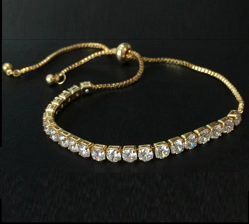 18K Gold Plated Bolo Tennis Bracelet Made Simulated Diamond Round Prong Stone