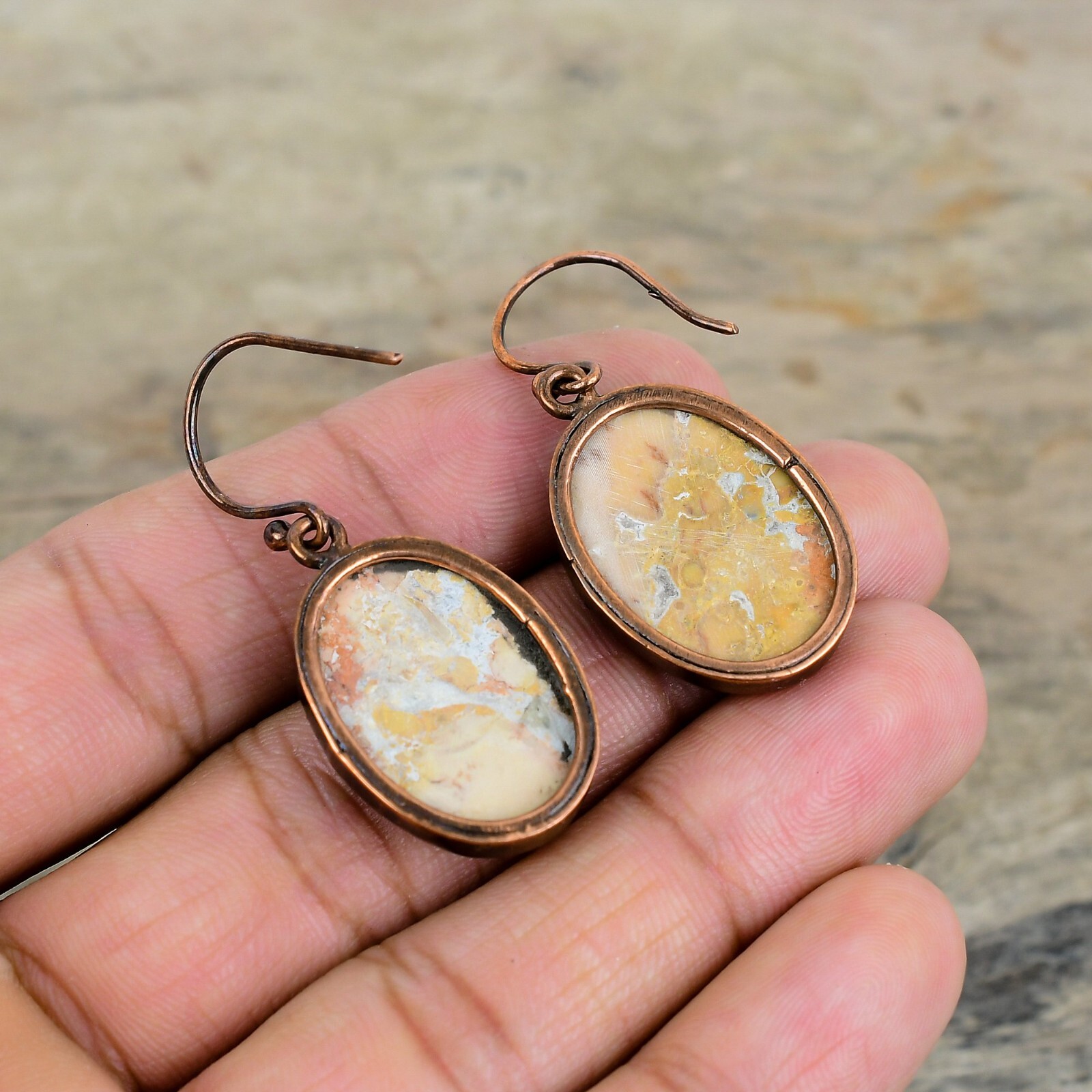 Copper Maligano Jasper Gemstone Electroformed Art Deco Dangling Earrings Jewelry