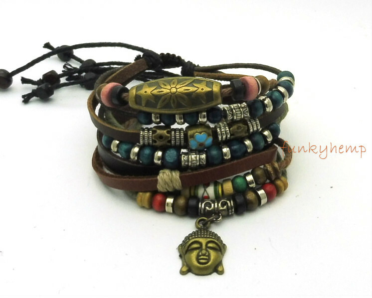 3PCS Set Handmade Color Hemp Beads Buddha Head Evil Eye Heart Charms Bracelets