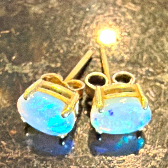 White Oval Opal Stud Earrings Yellow Gold Tone Prong Set Butterfly Back