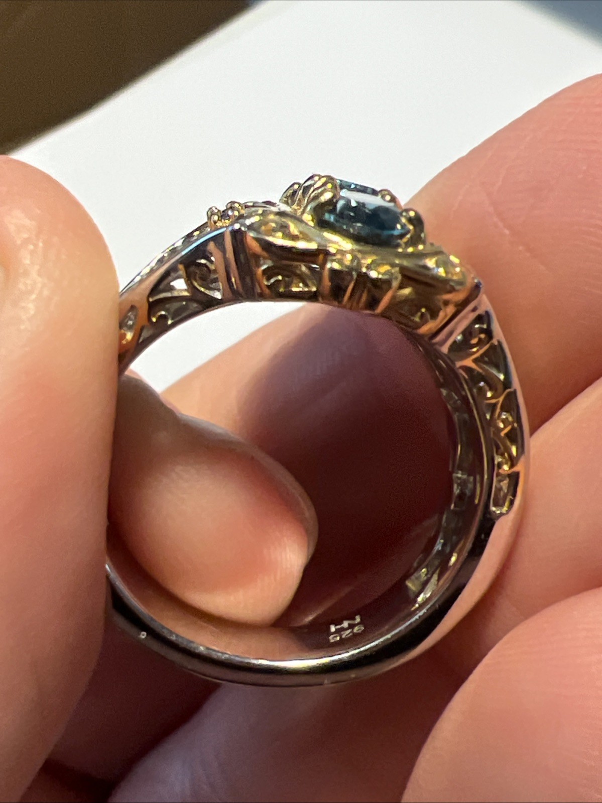 Gems en Vogue Sterling 925 Blue topaz Palladium Ring sz 10 Gold Vermeil #JV98
