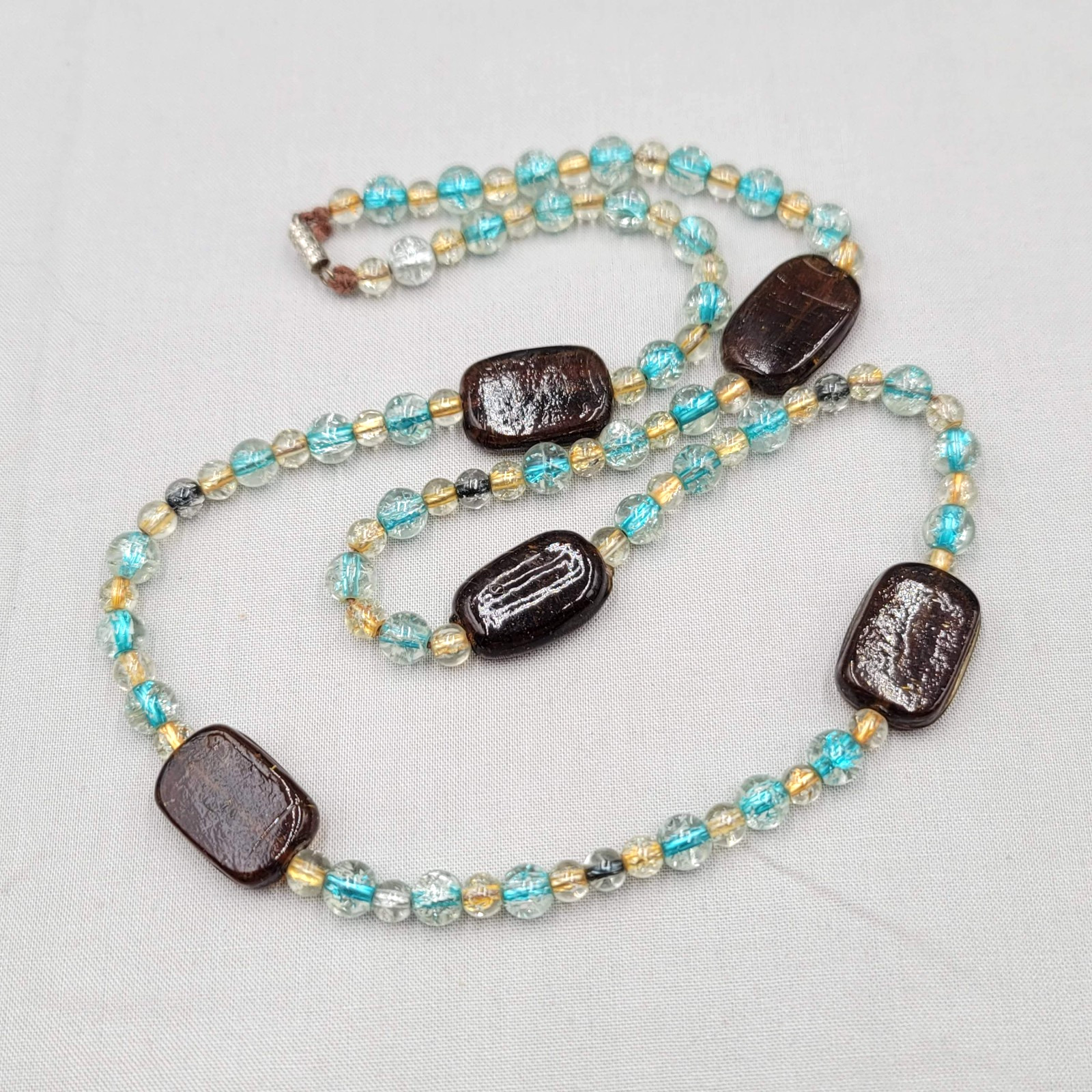 Artisan Brown Yellow Blue Glass Bead Necklace 28 in