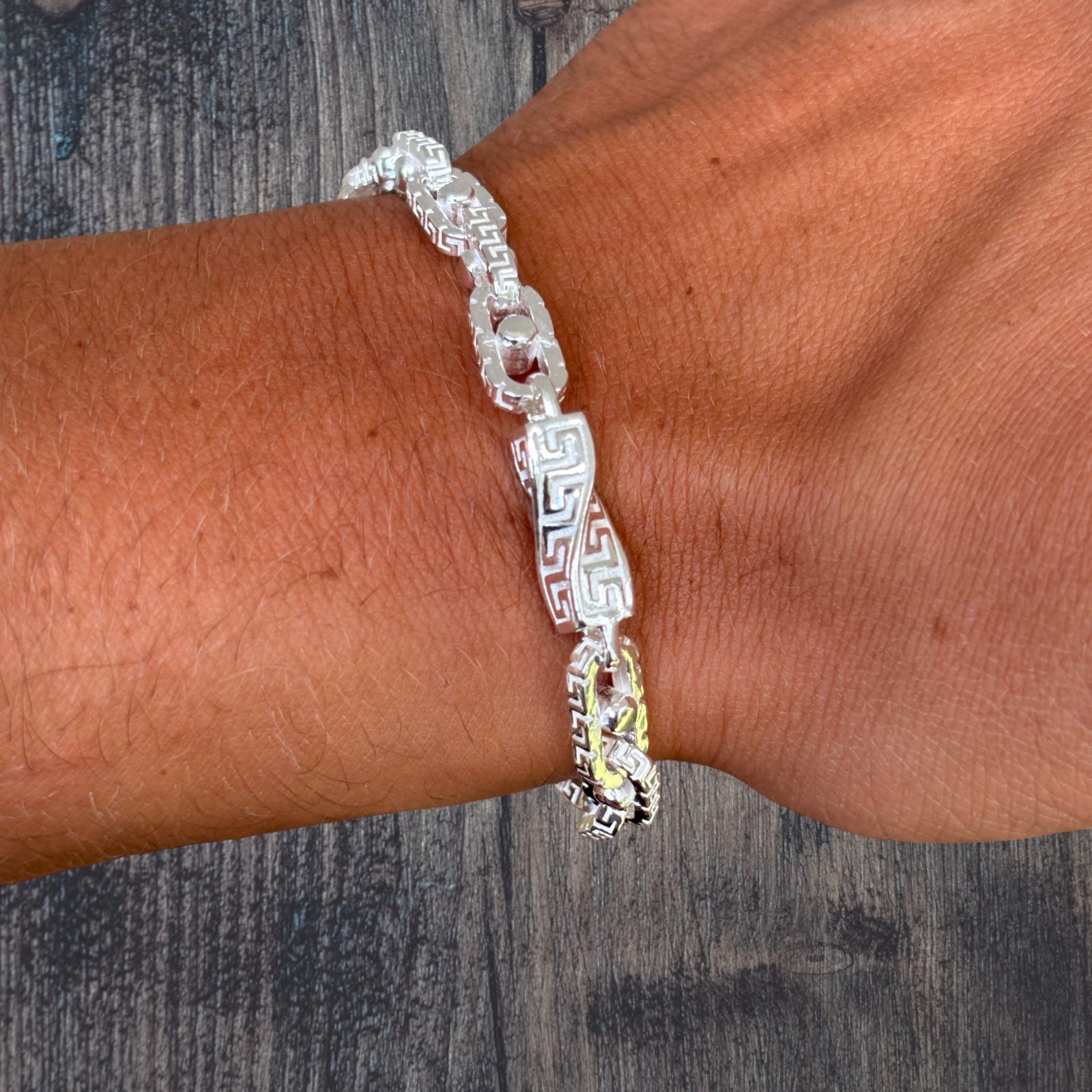 7mm Greek Key Rolo Link Bracelet – Real Solid 925 Sterling Silver MADFE IN ITALY