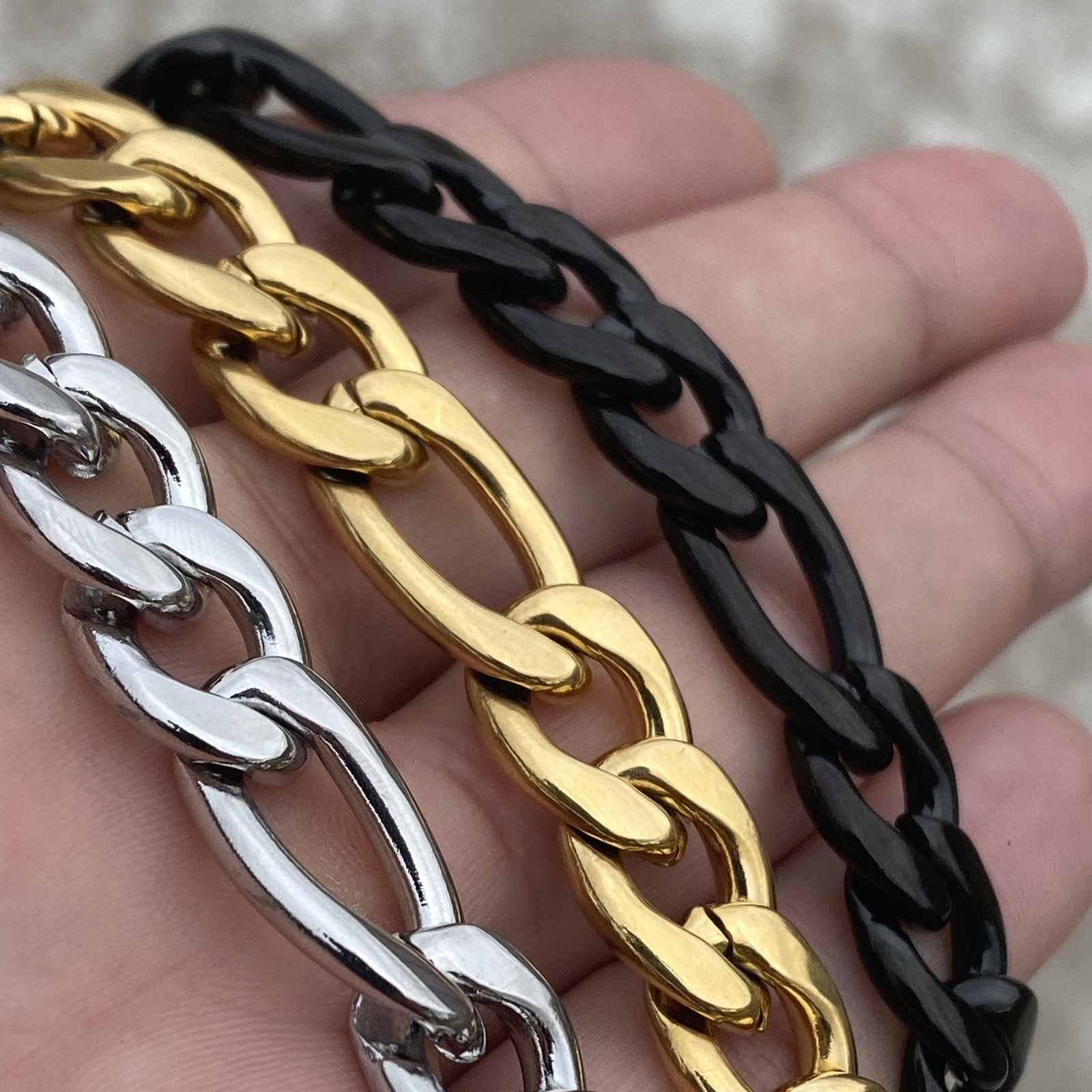 Stainless Steel Figaro Bracelet 24k Gold Plated, Silver, or Black 8.5″ 12 MM