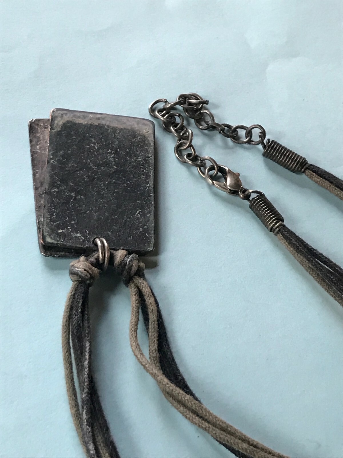 Olive Green & Black Multistrand Cord w Oxidized Silvertone Birds w Saying Rectan